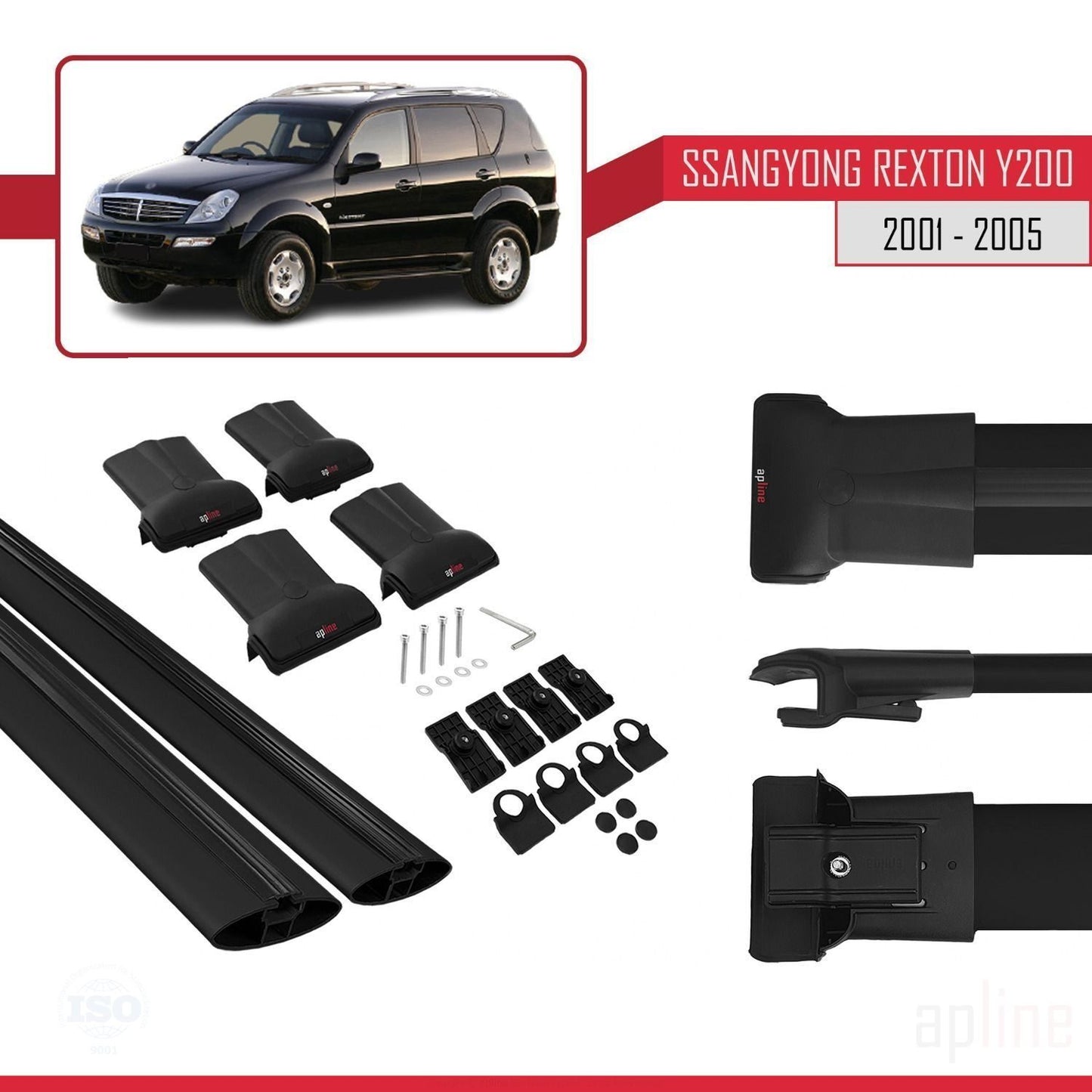 Compatible avec Ssangyong Rexton (Y200) 2001-2005 FLY Model Barres de Toit Railing Porte-Bagages de Voiture Noir Aluminium 2 Barres