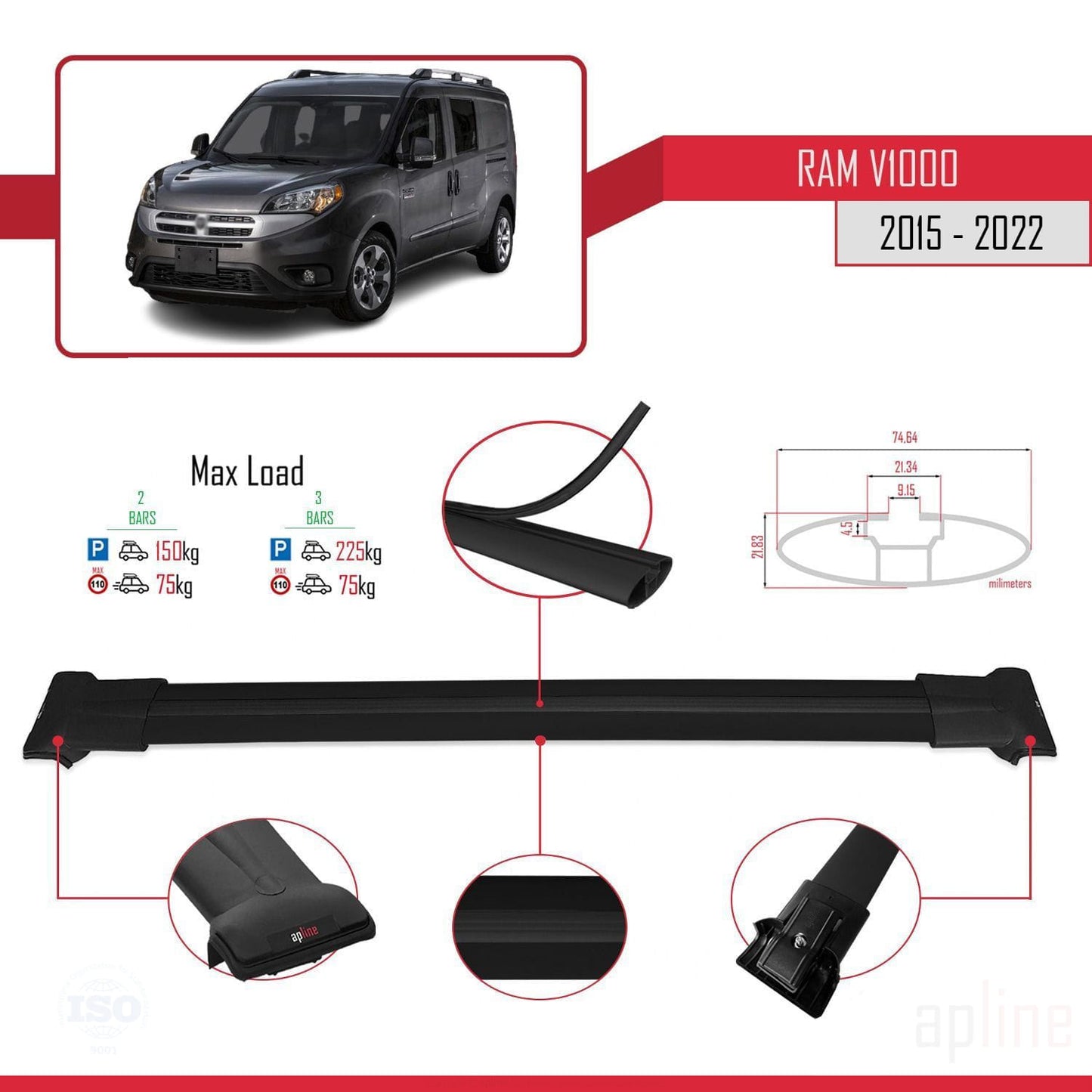 Compatible with Ram V1000 2015-2022 FLY Model Car Roof Rack Cross Bar Black Aluminium 2 Bars