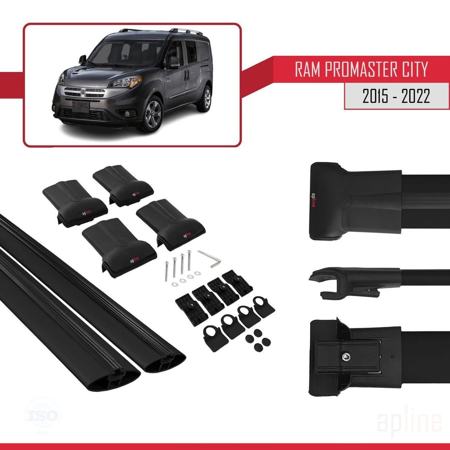 Compatible avec Ram Promaster City (636) 2015-2022 FLY Model Barres de Toit Railing Porte-Bagages de Voiture Noir Aluminium 2 Barres