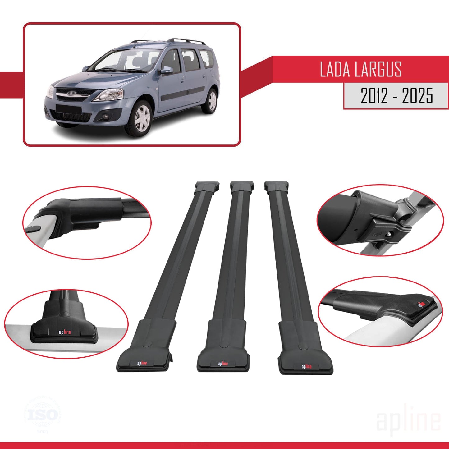 Compatible avec Lada Largus 2012-2025 FLY Model Barres de Toit Railing Porte-Bagages de Voiture Noir Aluminium 3 Barres