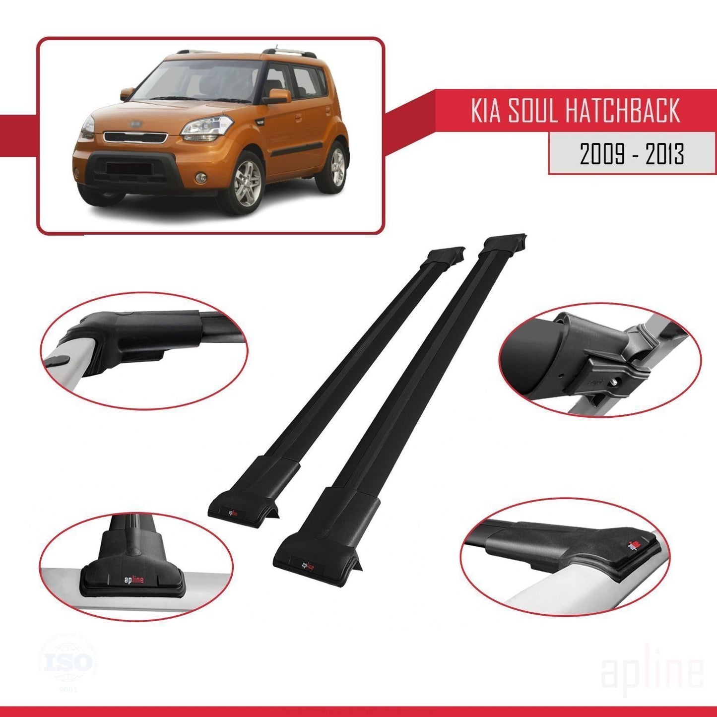 FLY Model Dakdrager bagagedrager compatibel met Kia Soul (AM) HB 2009-2013 Spoorstaven Zwart Aluminium 2 Staven