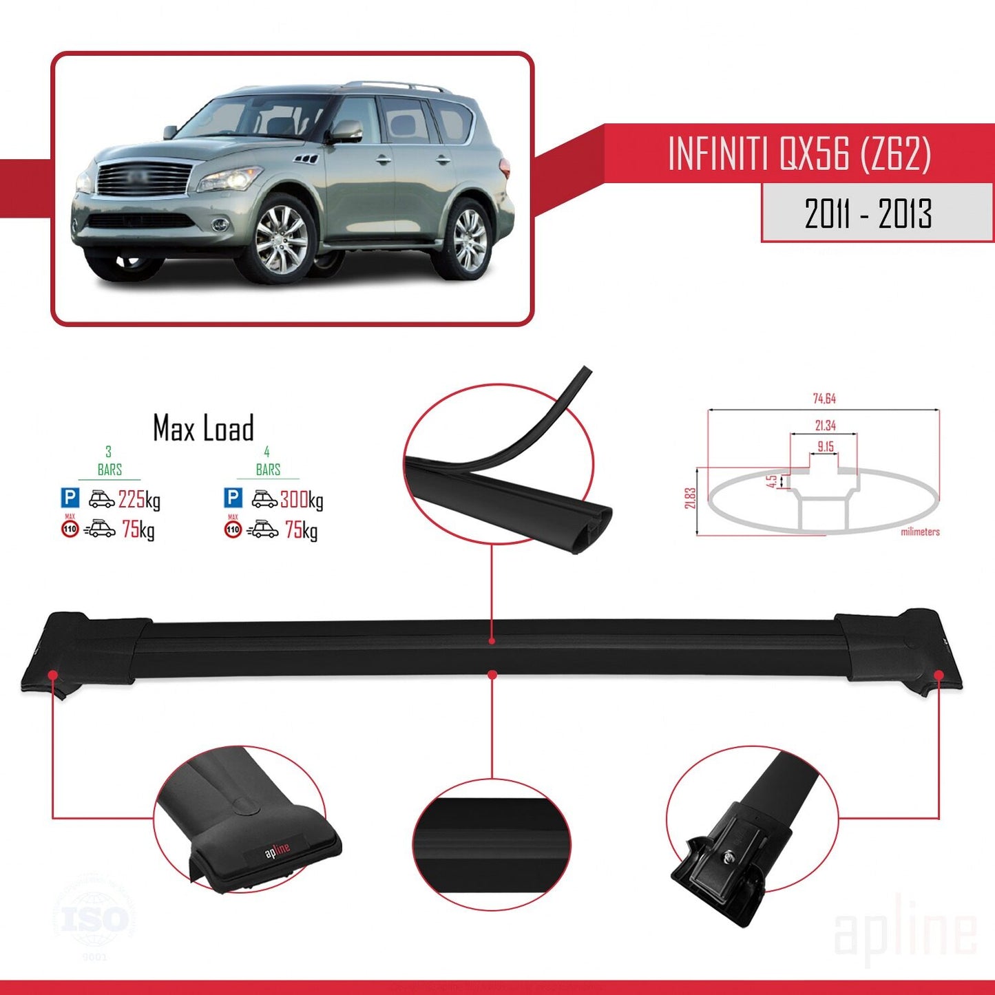 Compatible avec IInfiniti QX56 (Z62) 2011-2013 FLY Model Barres de Toit Railing Porte-Bagages de Voiture Noir Aluminium 3 Barres