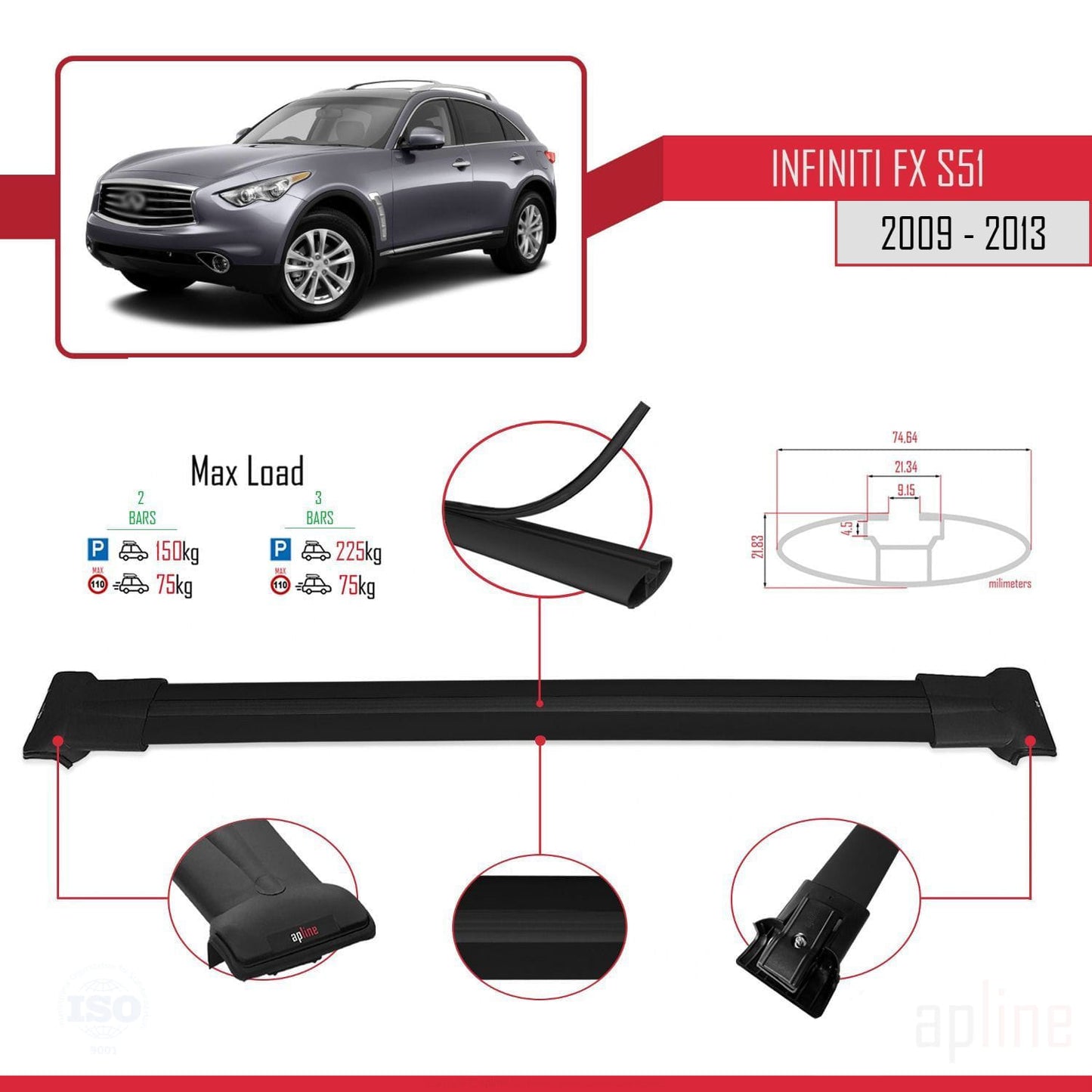 Compatible with Infiniti FX 2 (S51) 2009-2013 FLY Model Car Roof Rack Cross Bar Black Aluminium 2 Bars