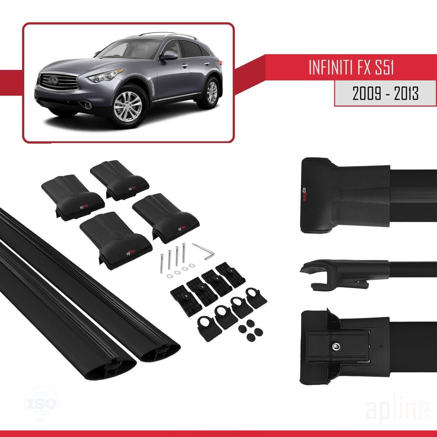 Compatible with Infiniti FX 2 (S51) 2009-2013 FLY Model Car Roof Rack Cross Bar Black Aluminium 2 Bars