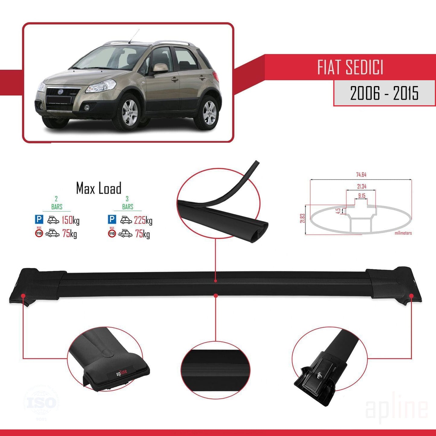 Compatible avec Fiat Sedici 2006-2015 FLY Model Barres de Toit Railing Porte-Bagages de Voiture Noir Aluminium 2 Barres