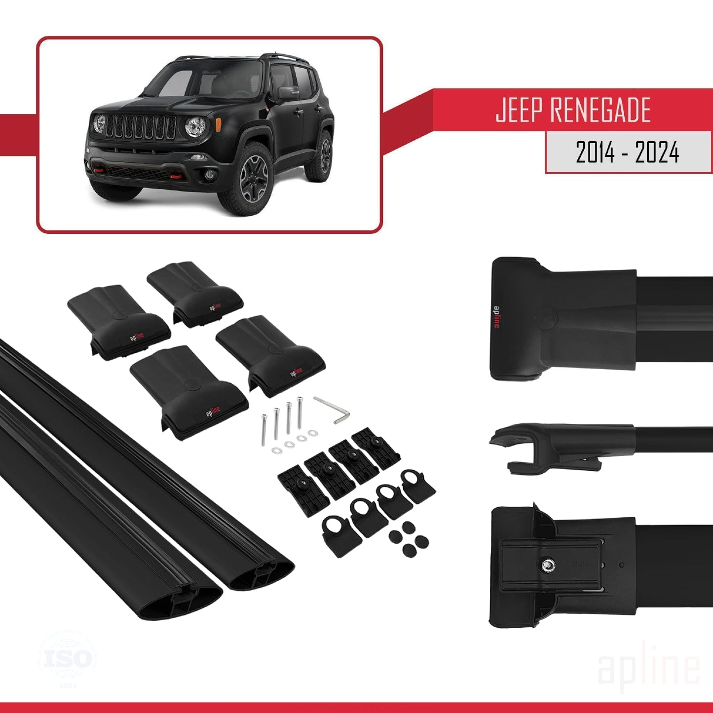 Compatible avec Jeep Renegade (BU) 2014-2025 FLY Model Barres de Toit Noir Aluminium 2 Barres