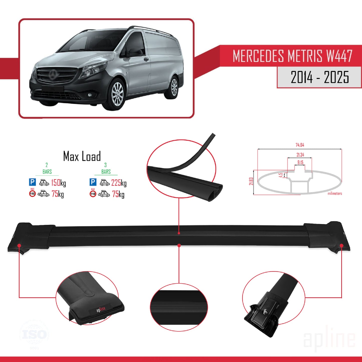 FLY Model Dakdrager bagagedrager compatibel met Mercedes Metris (W447) 2014-2025 Spoorstaven Zwart Aluminium 2 Staven