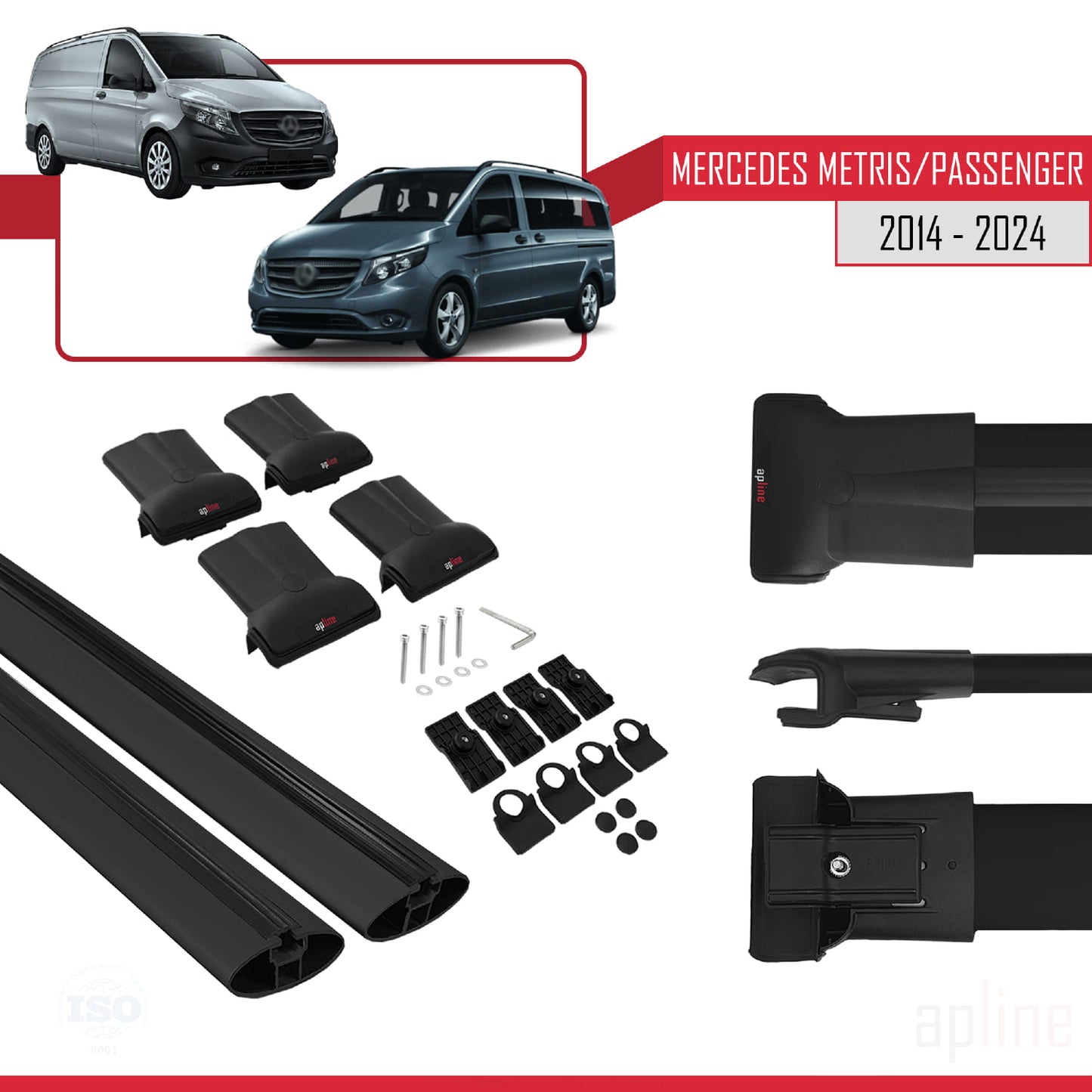 FLY Model Dakdrager bagagedrager compatibel met Mercedes Metris (W447) 2014-2025 Spoorstaven Zwart Aluminium 2 Staven