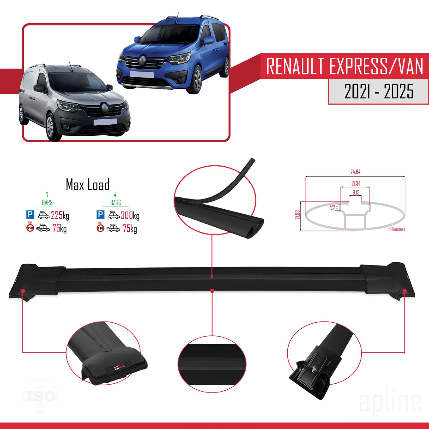 Compatible with Renault Express 2021-2025 FLY Model Car Roof Rack Cross Bar Black Aluminium 3 Bars