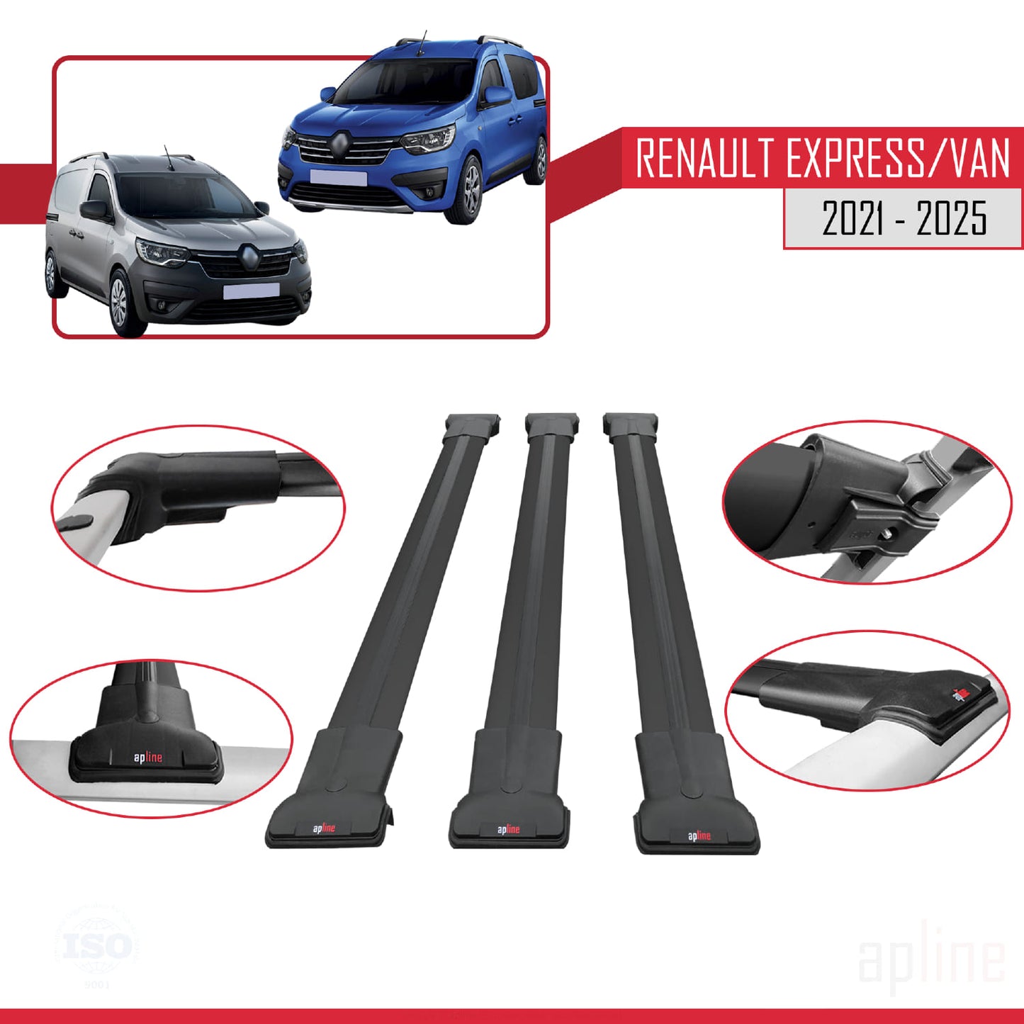 Compatible with Renault Express 2021-2025 FLY Model Car Roof Rack Cross Bar Black Aluminium 3 Bars