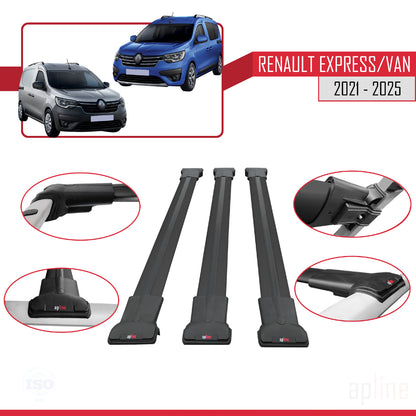 Compatible with Renault Express 2021-2025 FLY Model Car Roof Rack Cross Bar Black Aluminium 3 Bars