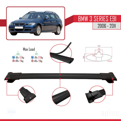 Compatible avec BMW 3 Series E91 Touring 2006-2011 FLY Model Barres de Toit Railing Porte-Bagages de Voiture Noir Aluminium 3 Barres