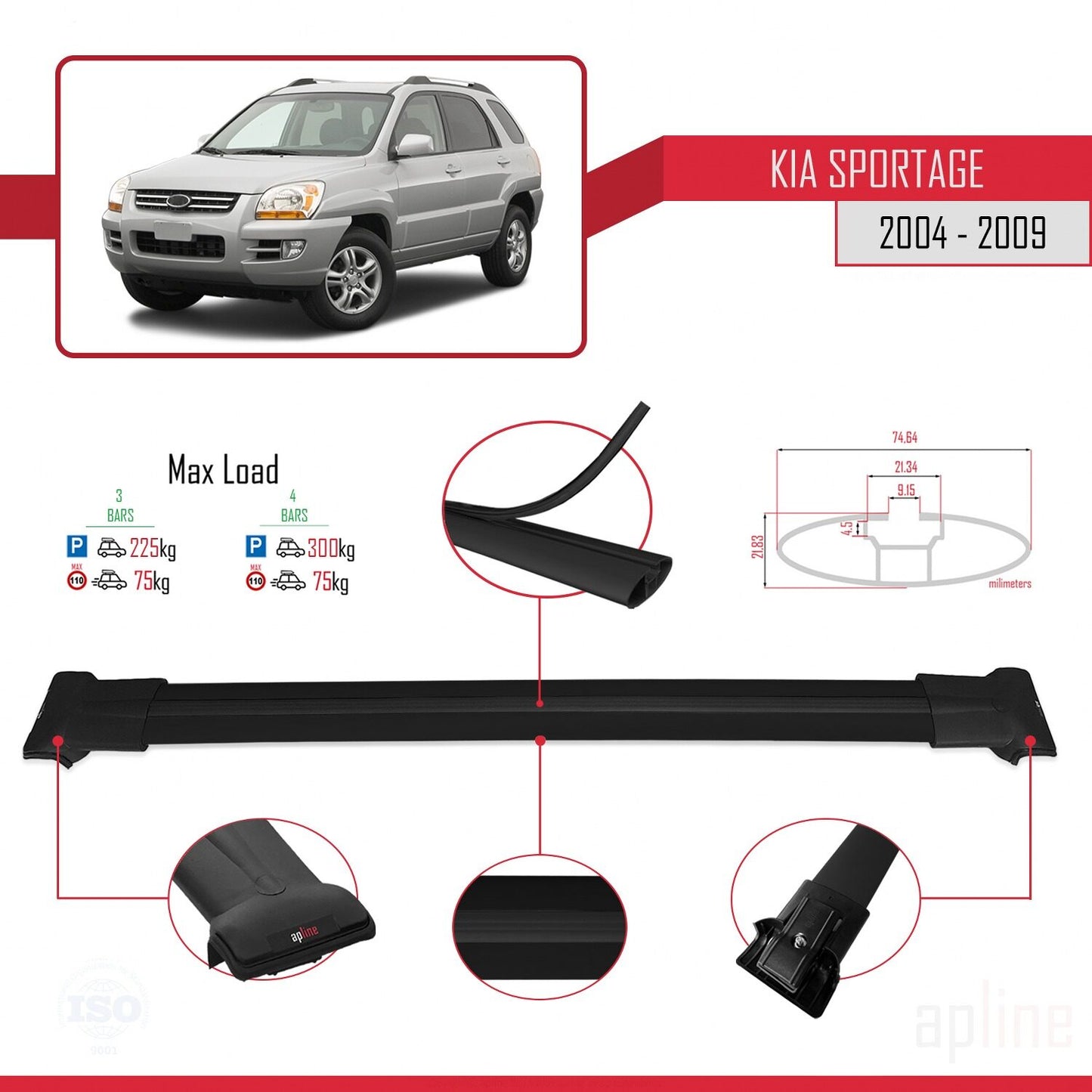 FLY Model Dakdrager bagagedrager compatibel met Kia Sportage 2 (JE) 2004-2009 Spoorstaven Zwart Aluminium 3 Staven