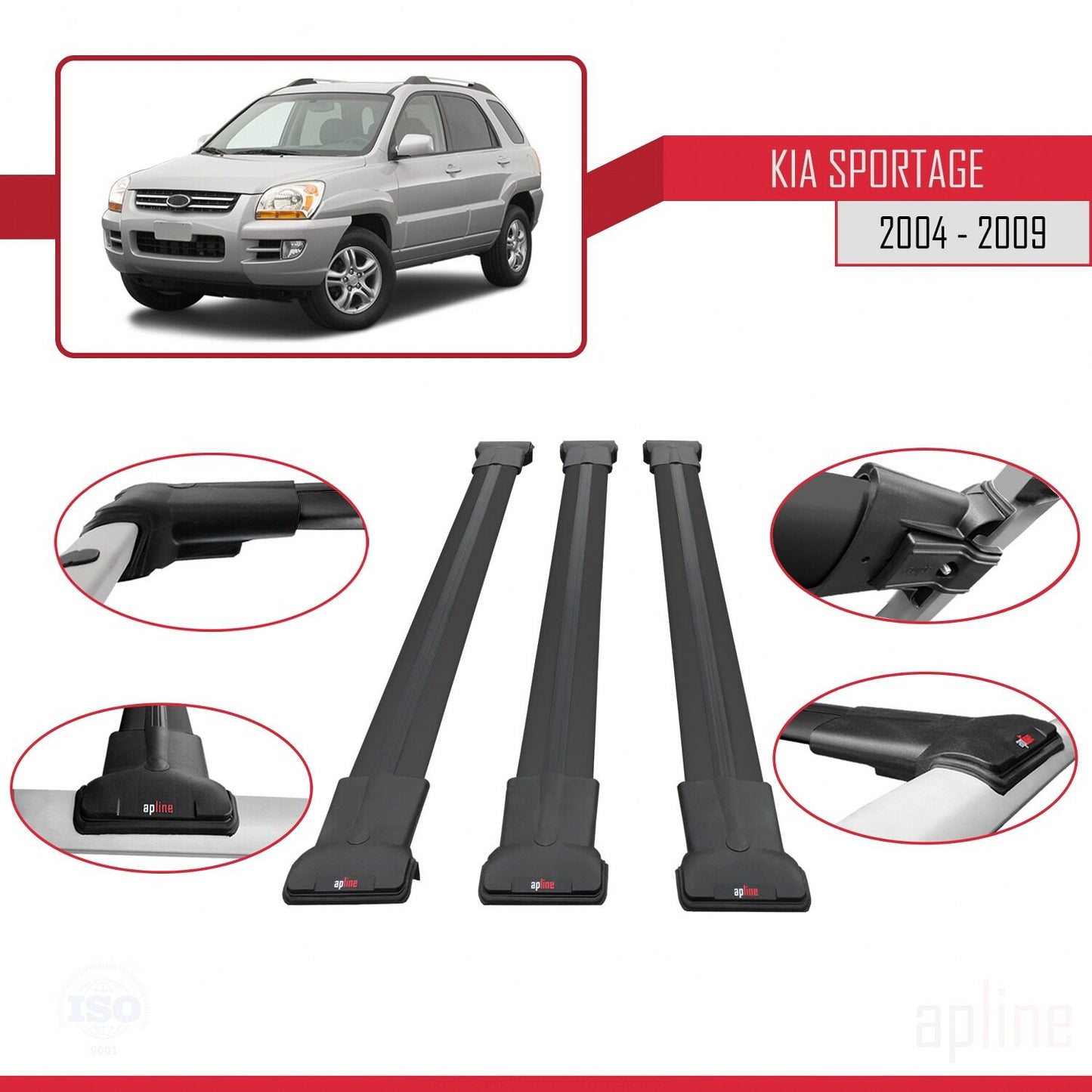 FLY Model Dakdrager bagagedrager compatibel met Kia Sportage 2 (JE) 2004-2009 Spoorstaven Zwart Aluminium 3 Staven