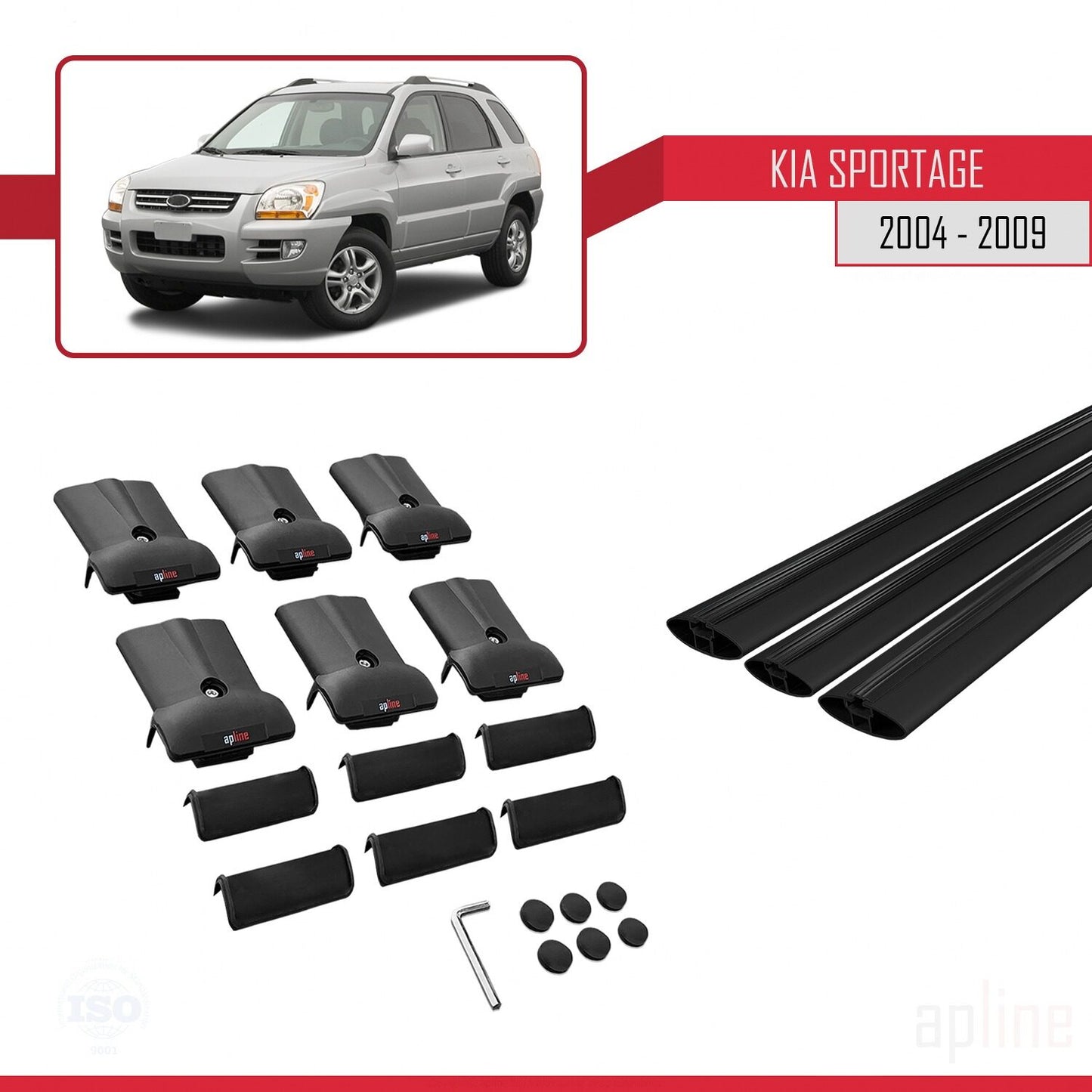 FLY Model Dakdrager bagagedrager compatibel met Kia Sportage 2 (JE) 2004-2009 Spoorstaven Zwart Aluminium 3 Staven