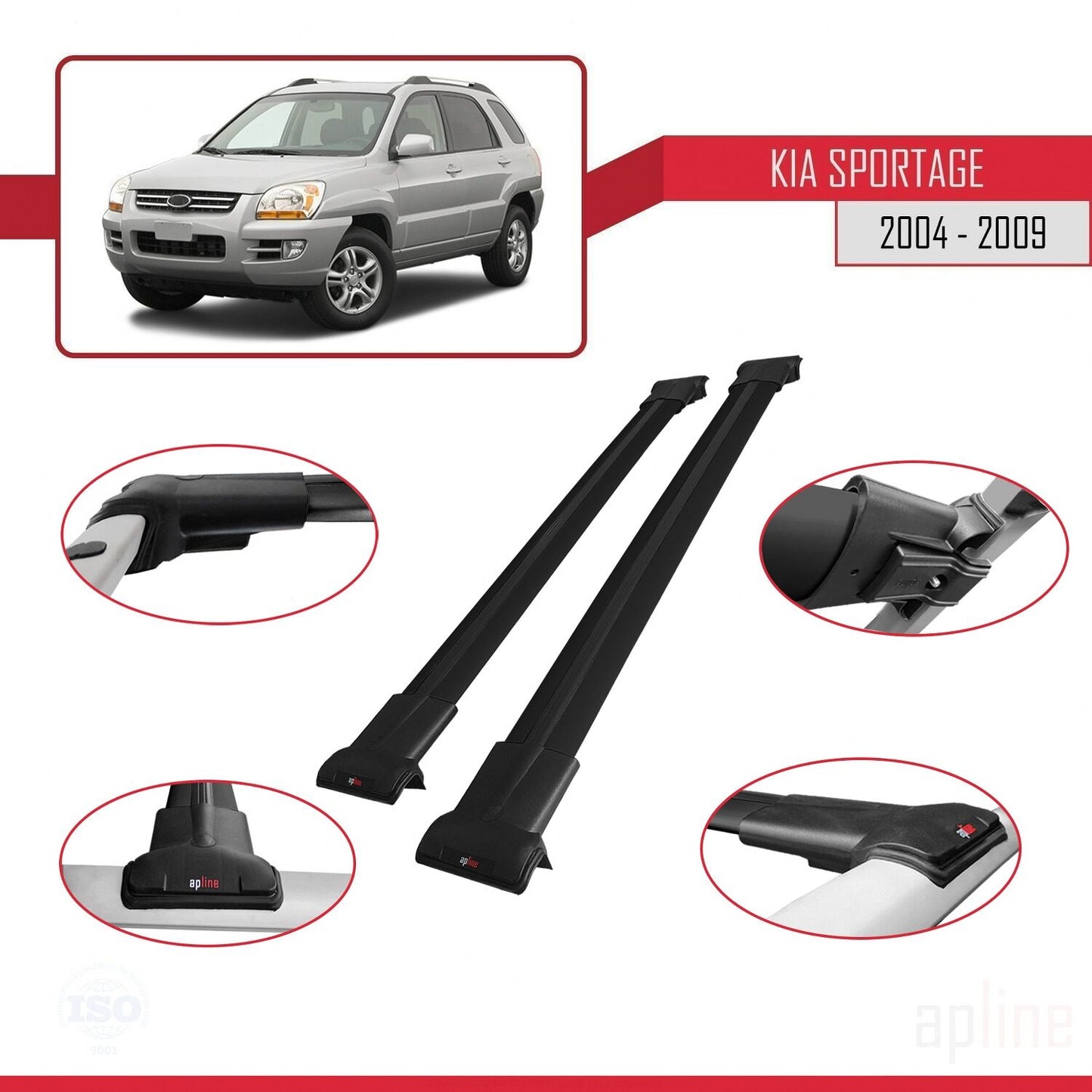 FLY Model Dakdrager bagagedrager compatibel met Kia Sportage 2 (JE) 2004-2009 Spoorstaven Zwart Aluminium 2 Staven