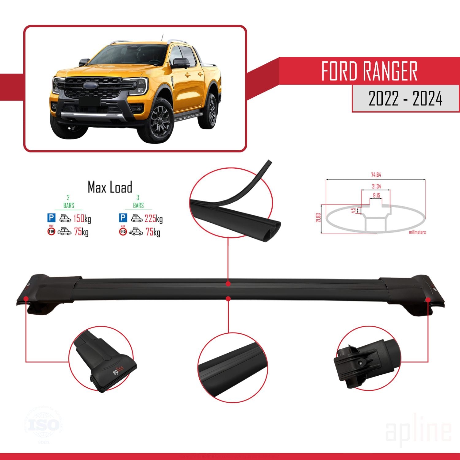 Compatible avec Ford Ranger (P703) 2022-2024 FLY Model Barres de Toit Railing Porte-Bagages de Voiture Noir Aluminium 3 Barres
