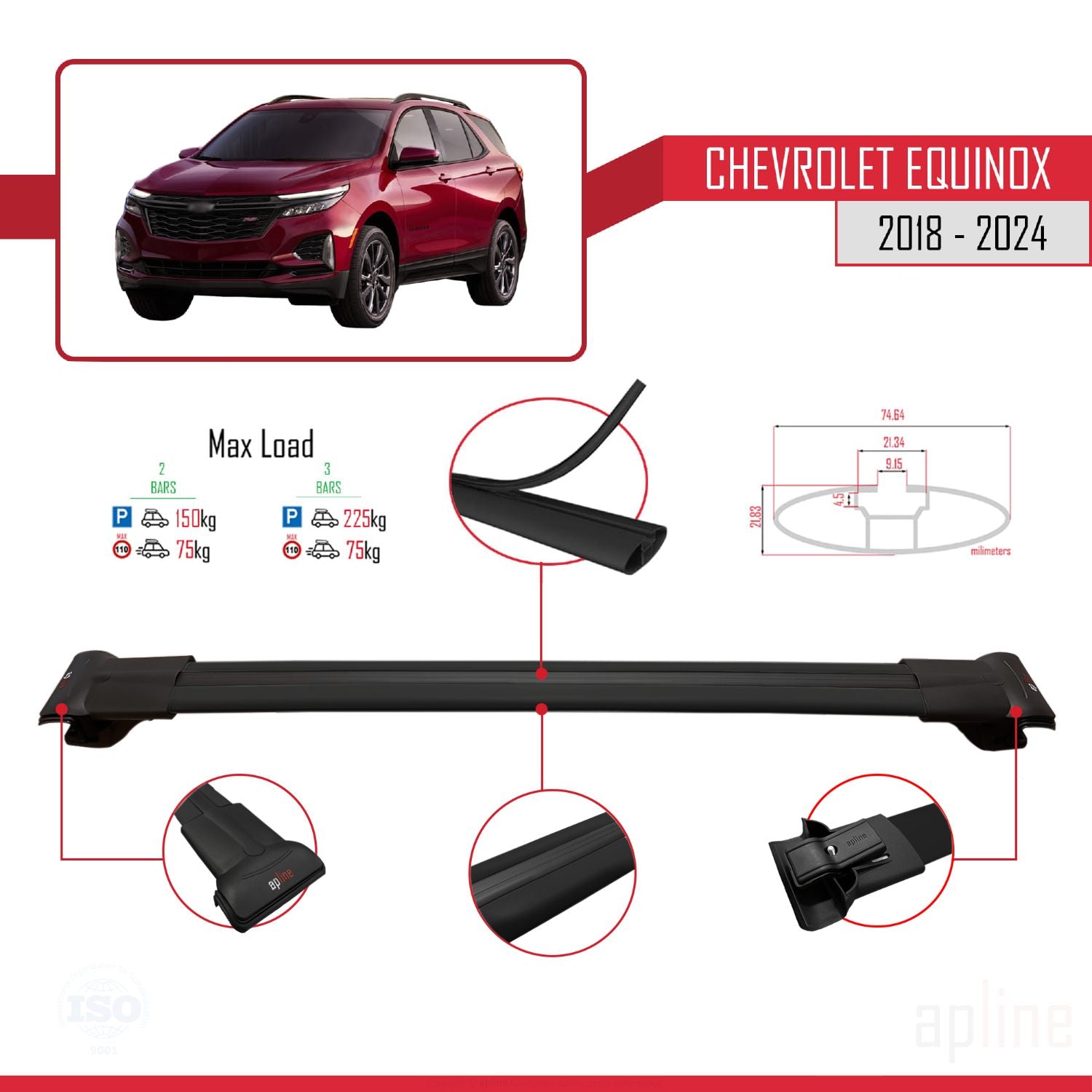Compatible avec Chevrolet Equinox 2018-2024 FLY Model Barres de Toit Railing Porte-Bagages de Voiture Noir Aluminium 3 Barres
