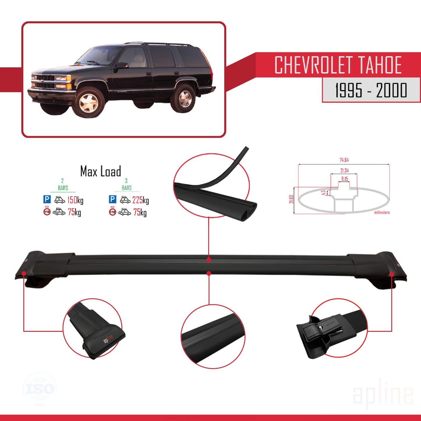 Compatible avec Chevrolet Tahoe 1995-2000 FLY Model Barres de Toit Railing Porte-Bagages de Voiture Noir Aluminium 4 Barres