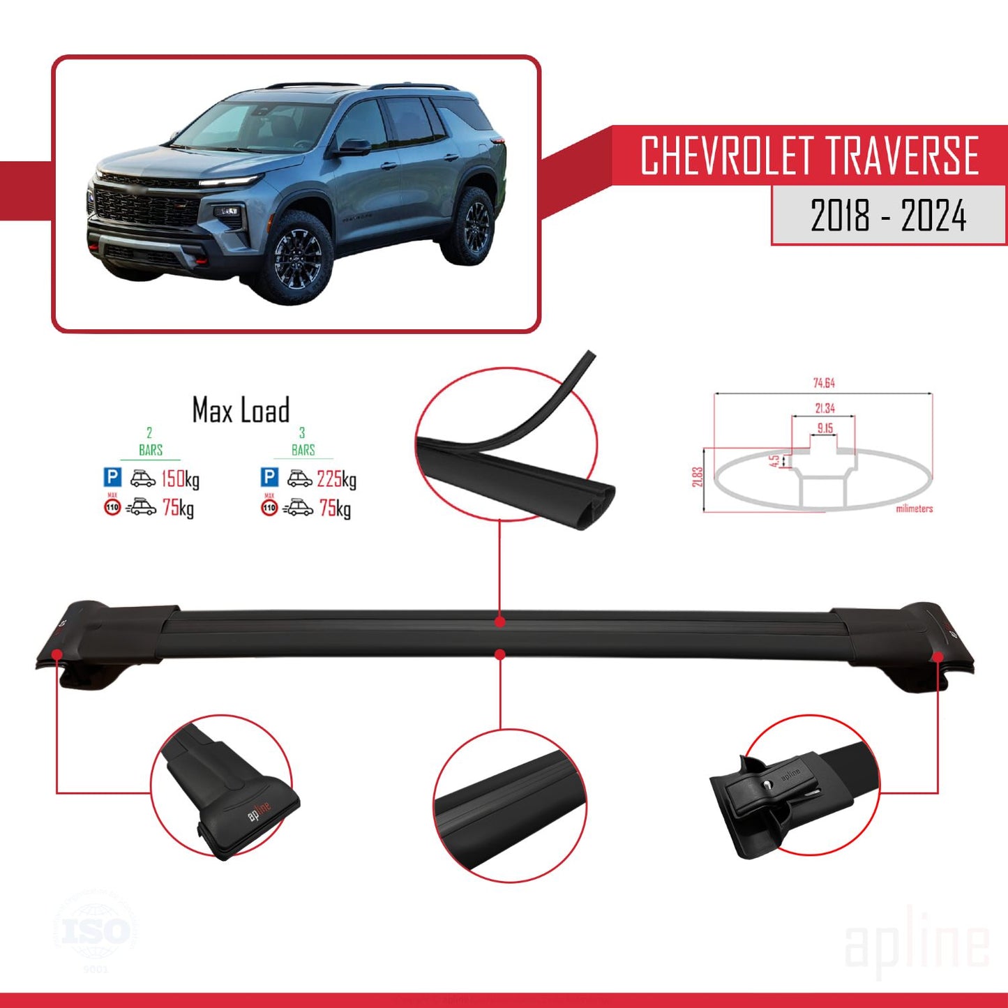 Compatible avec Chevrolet Traverse 2018-2024 FLY Model Barres de Toit Railing Porte-Bagages de Voiture Noir Aluminium 2 Barres