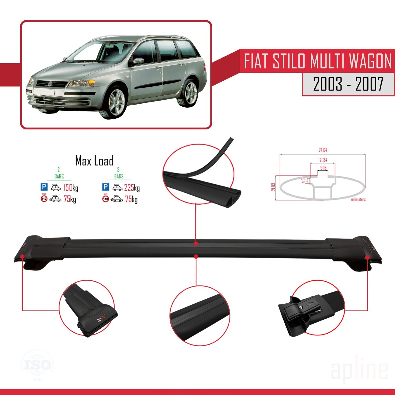 Compatible avec Fiat Stilo Multi Wagon 2003-2007 FLY Model Barres de Toit Railing Porte-Bagages de Voiture Noir Aluminium 3 Barres