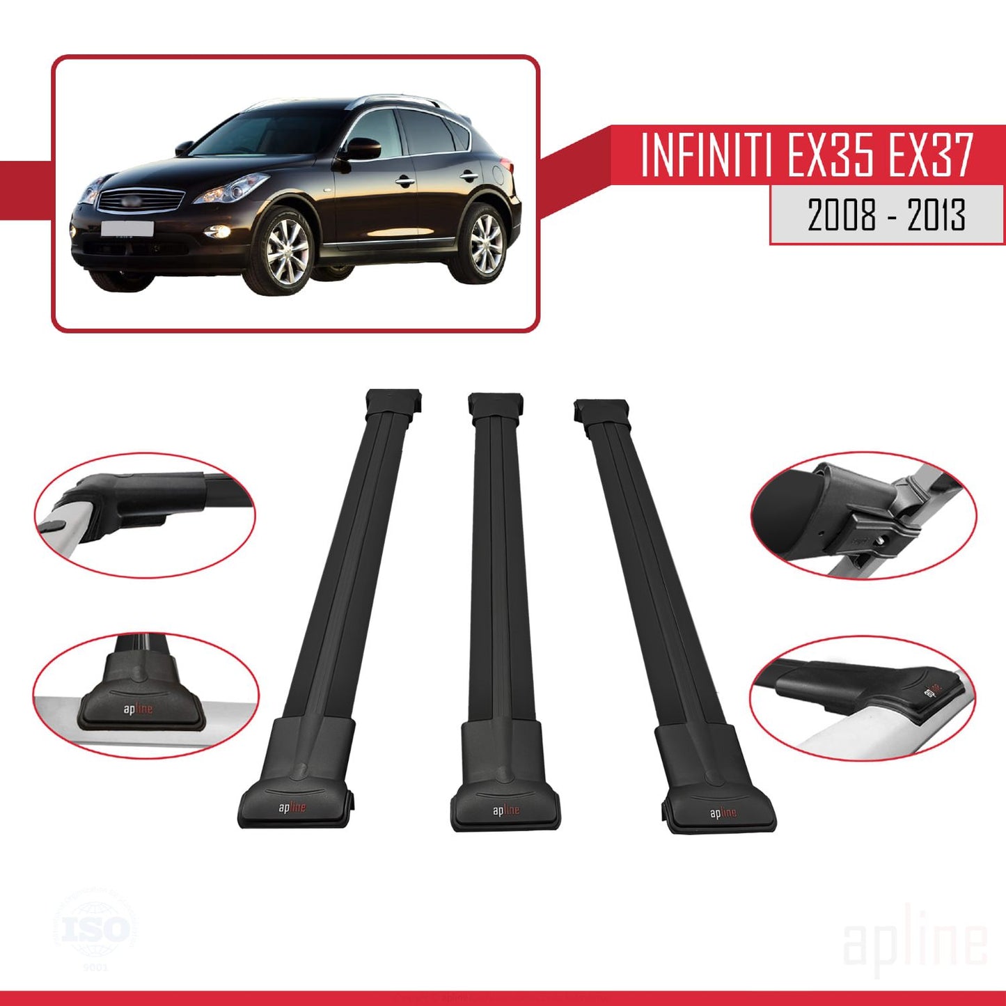Compatible avec Infiniti EX35 EX37 2008-2013 FLY Model Barres de Toit Railing Porte-Bagages de Voiture Noir Aluminium 3 Barres