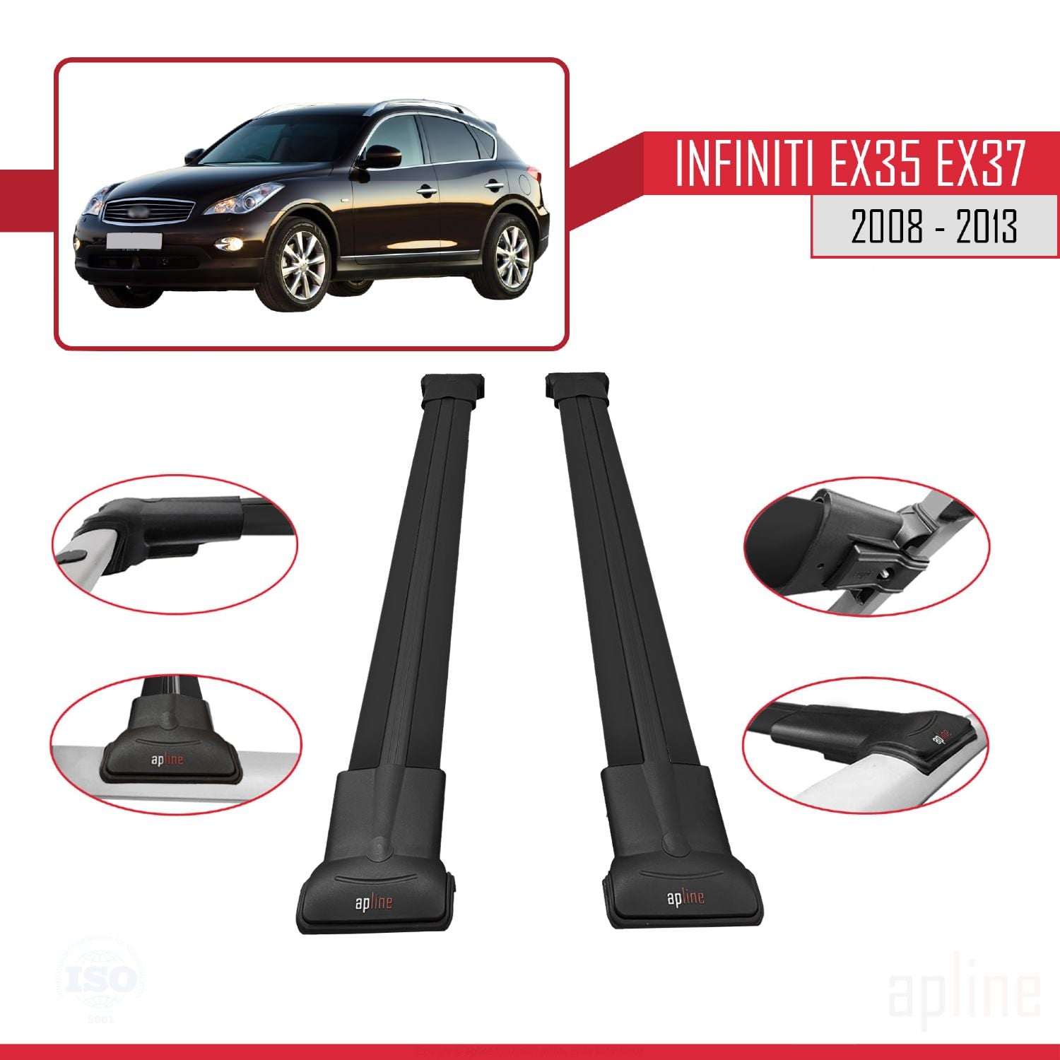 Compatible avec Infiniti EX35 EX37 2008-2013 FLY Model Barres de Toit Railing Porte-Bagages de Voiture Noir Aluminium 2 Barres