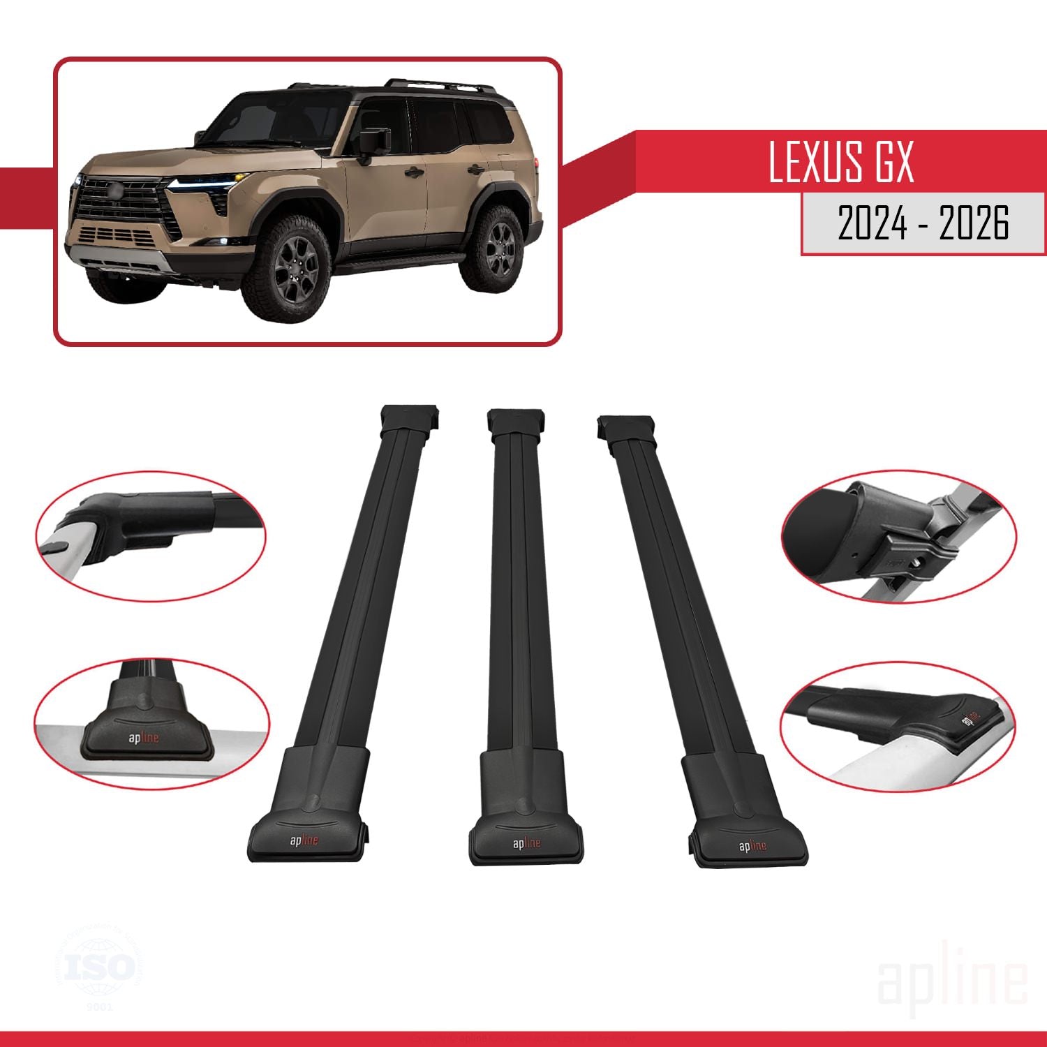 Compatible avec Lexus GX 2024-2025 FLY Model Barres de Toit Railing Porte-Bagages de Voiture Noir Aluminium 3 Barres