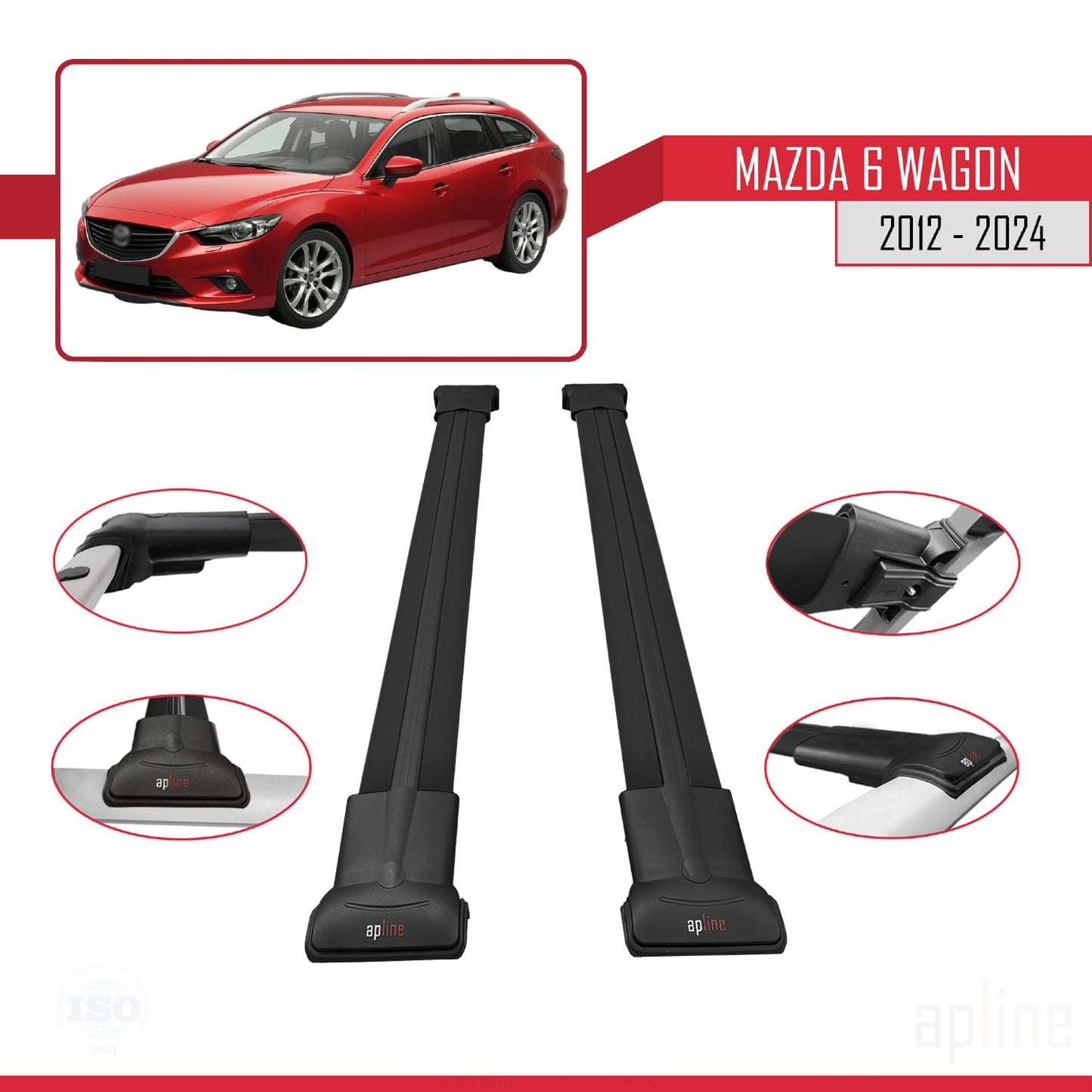 Compatible avec Mazda 6 Wagon 2012-2024 FLY Model Barres de Toit Railing Porte-Bagages de Voiture Noir Aluminium 2 Barres