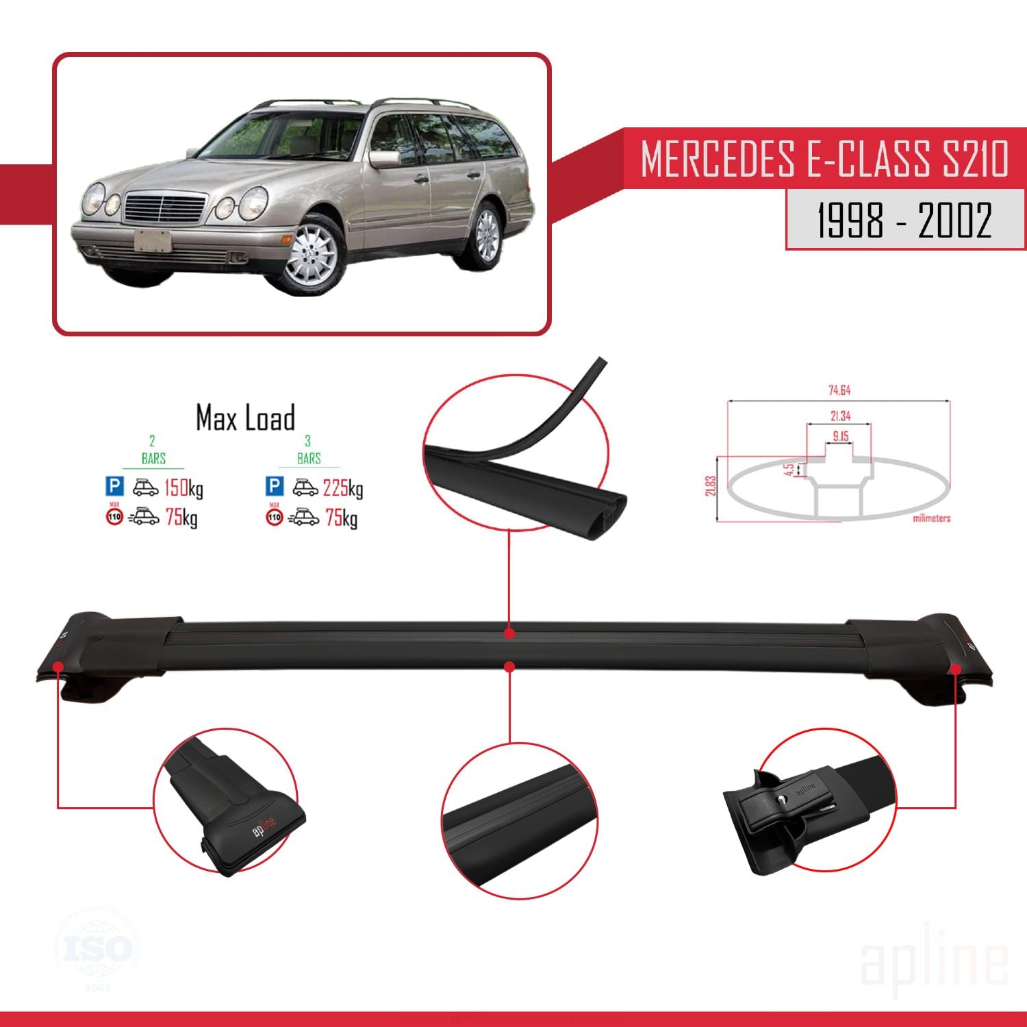 Compatible avec Mercedes E Class S210 Wagon 1998-2002 FLY Model Barres de Toit Railing Porte-Bagages de Voiture Noir Aluminium 2 Barres