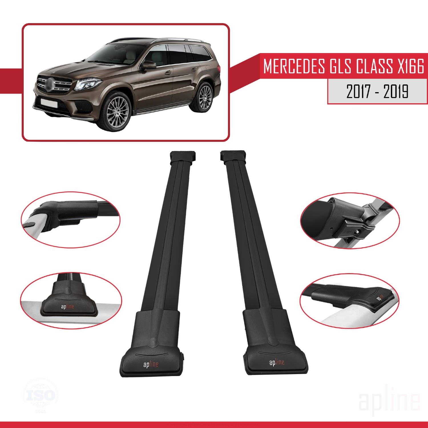 Compatible avec Mercedes GLS Class X166 2017-2019 FLY Model Barres de Toit Railing Porte-Bagages de Voiture Noir Aluminium 2 Barres