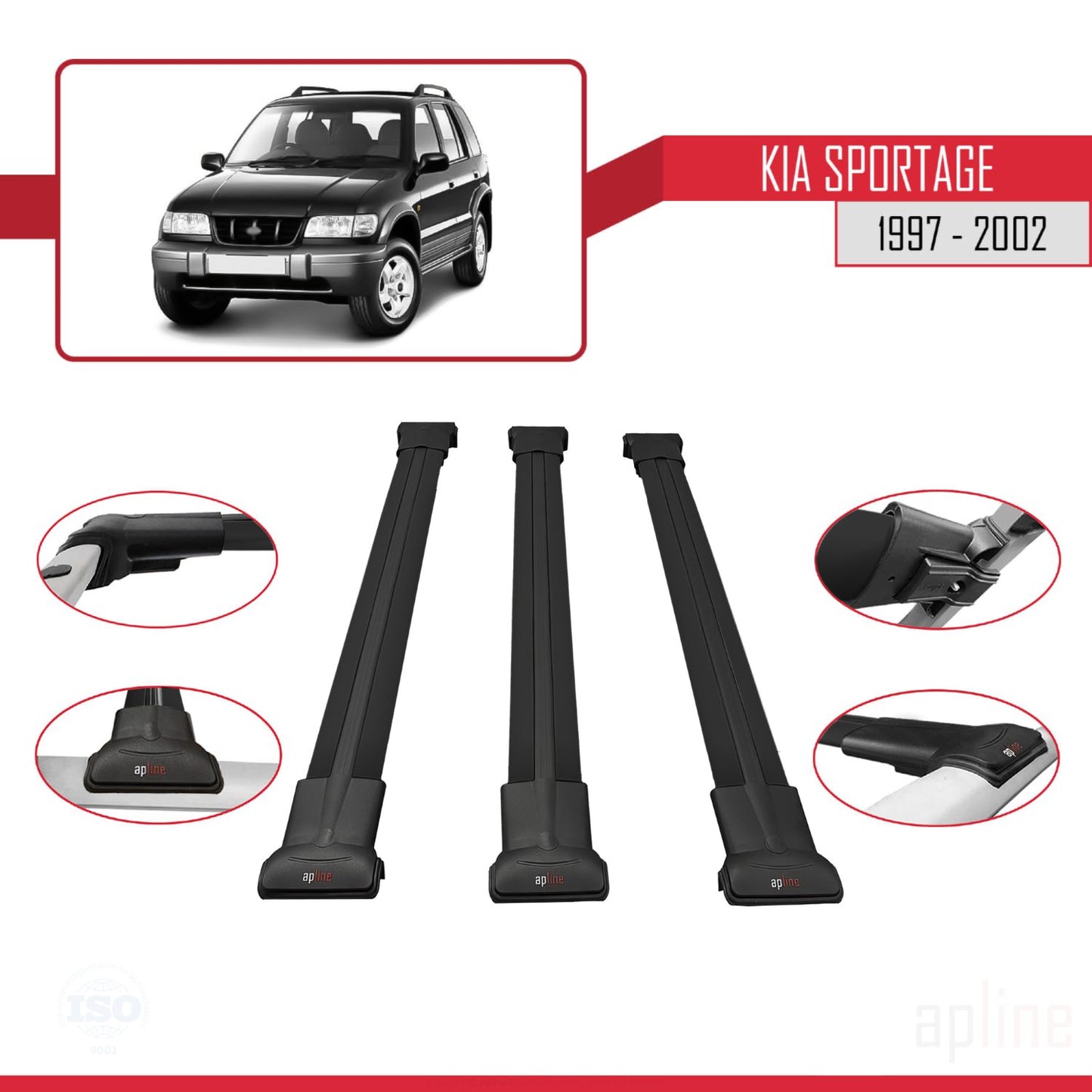 Compatible avec Kia Sportage 1997-2002 FLY Model Barres de Toit Railing Porte-Bagages de Voiture Noir Aluminium 3 Barres