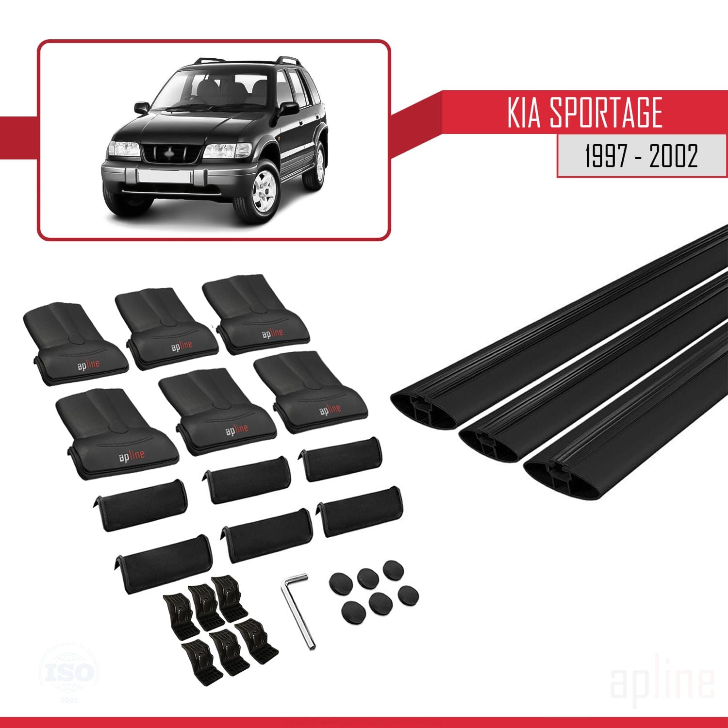 Compatible avec Kia Sportage 1997-2002 FLY Model Barres de Toit Railing Porte-Bagages de Voiture Noir Aluminium 3 Barres