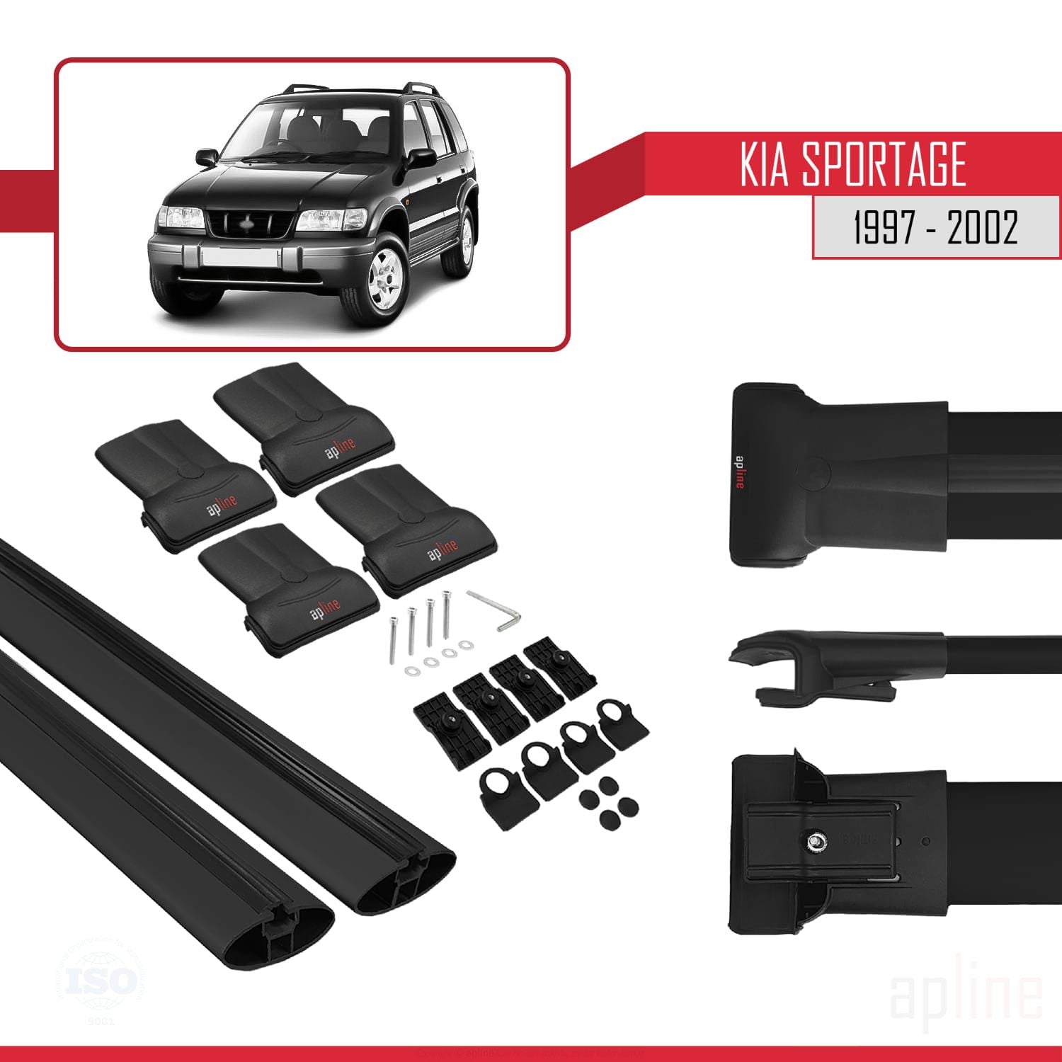 Compatible avec Kia Sportage 1997-2002 FLY Model Barres de Toit Railing Porte-Bagages de Voiture Noir Aluminium 2 Barres