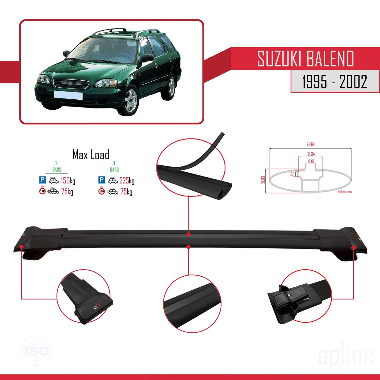 Compatible avec Suzuki Baleno 1995-2002 FLY Model Barres de Toit Railing Porte-Bagages de Voiture Noir Aluminium 3 Barres
