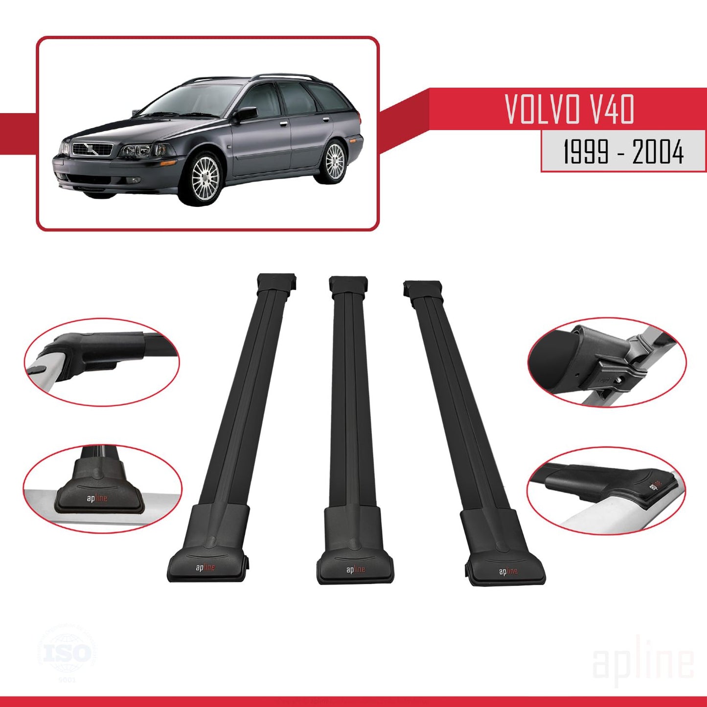 Compatible avec Volvo V40 1999-2004 FLY Model Barres de Toit Railing Porte-Bagages de Voiture Noir Aluminium 3 Barres