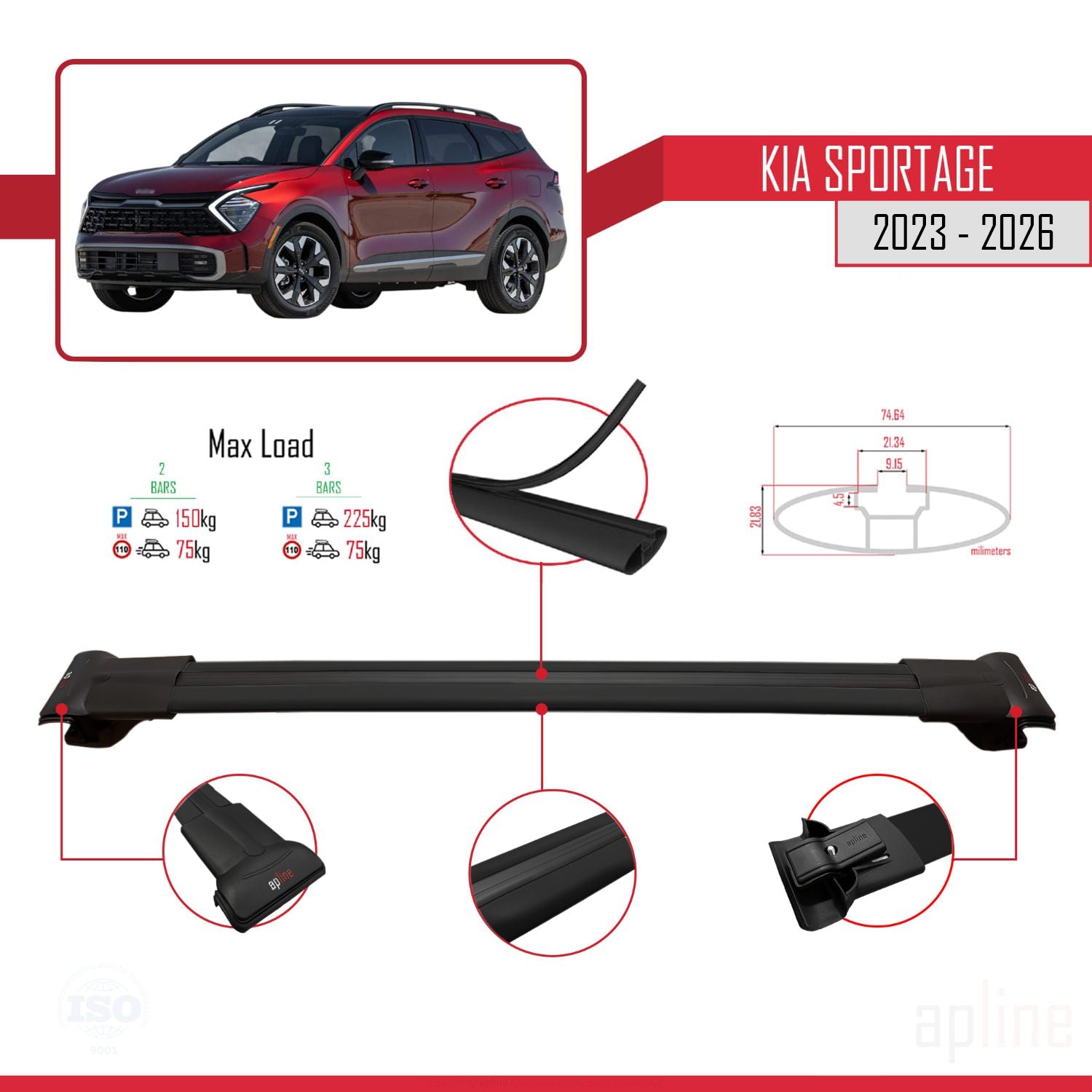 Compatible avec Kia Sportage 2023-2025 FLY Model Barres de Toit Railing Porte-Bagages de Voiture Noir Aluminium 3 Barres