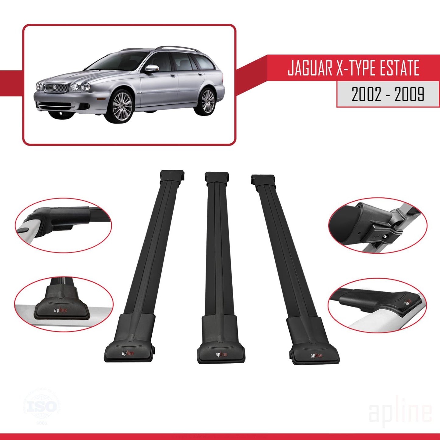 Compatible avec Jaguar X-Type Estate 2002-2009 FLY Model Barres de Toit Railing Porte-Bagages de Voiture Noir Aluminium 3 Barres