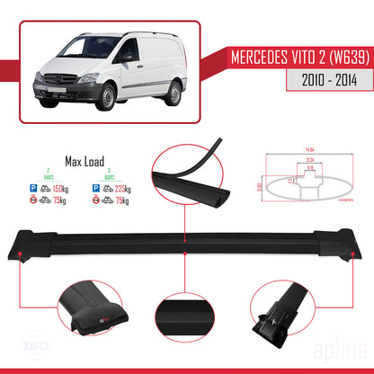 Compatible with Mercedes Vito 2 (W639) Post-Facelift 2010-2014 FLY Model Car Roof Rack Cross Bar Black Aluminium 2 Bars