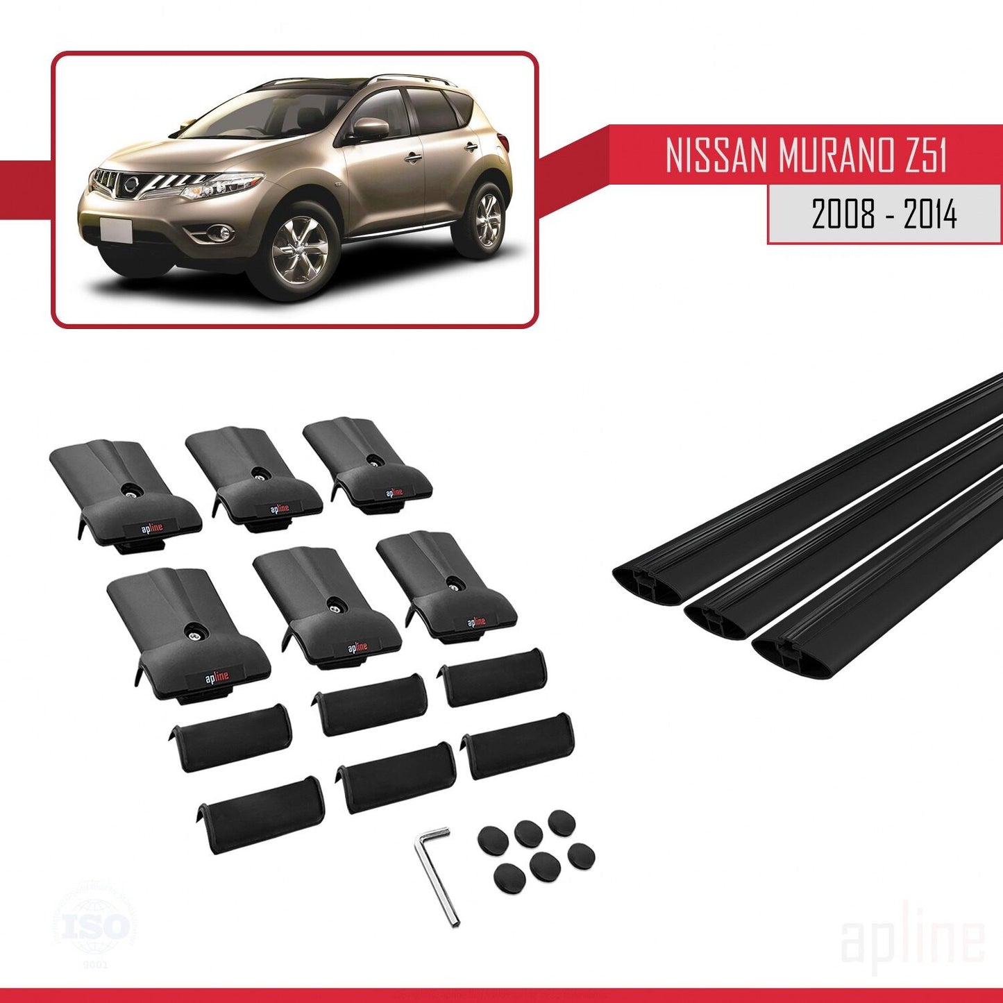 Compatible with Nissan Murano 2 (Z51) 2008-2014 FLY Model Car Roof Rack Cross Bar Black Aluminium 3 Bars