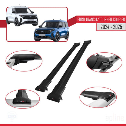 Compatible avec Ford Transit/Tourneo Courier 2024-2025 FLY Model Barres de Toit Railing Porte-Bagages de Voiture Noir Aluminium 4 Barres