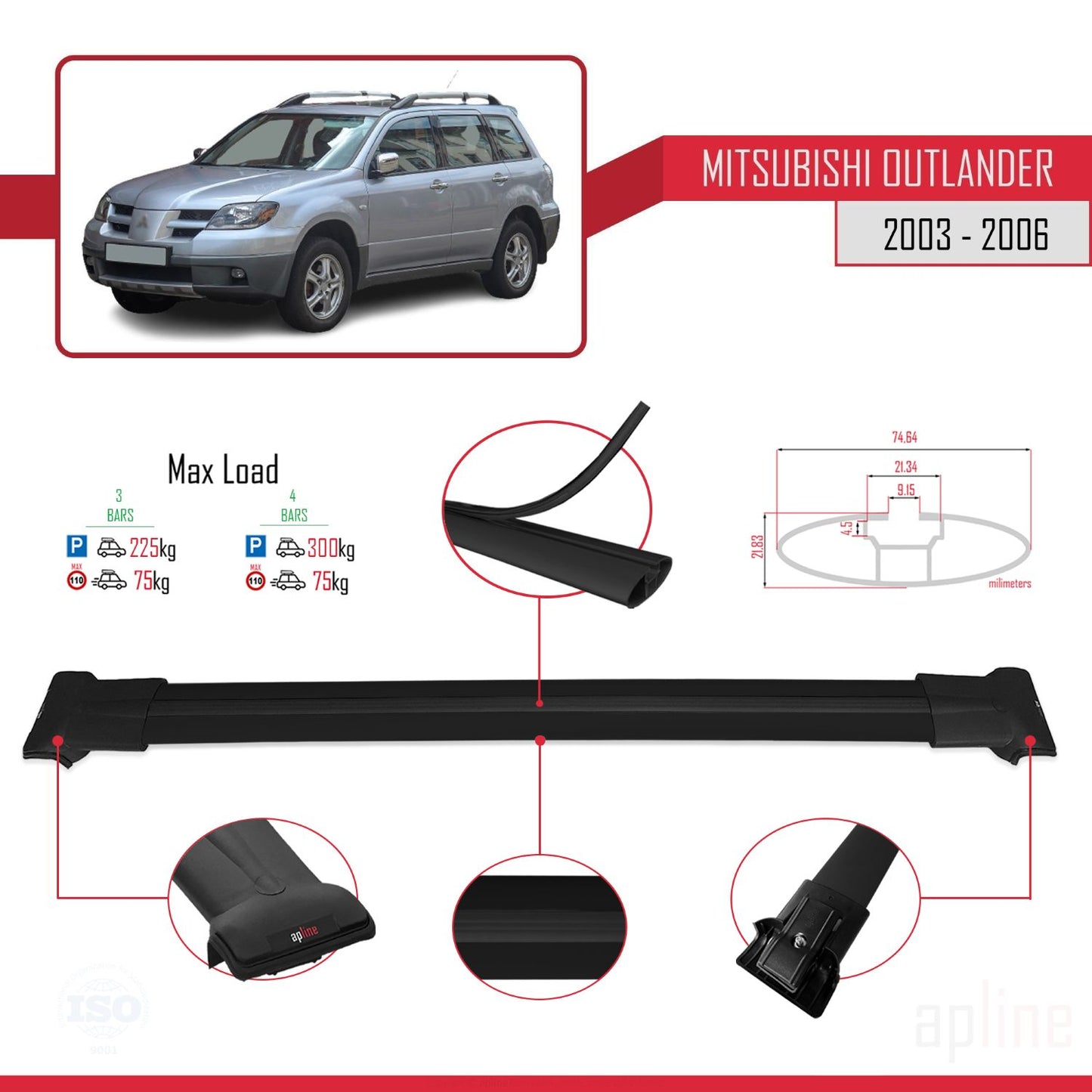 FLY Model Dakdrager bagagedrager compatibel met Mitsubishi Outlander 2003-2006 Spoorstaven Zwart Aluminium 3 Staven