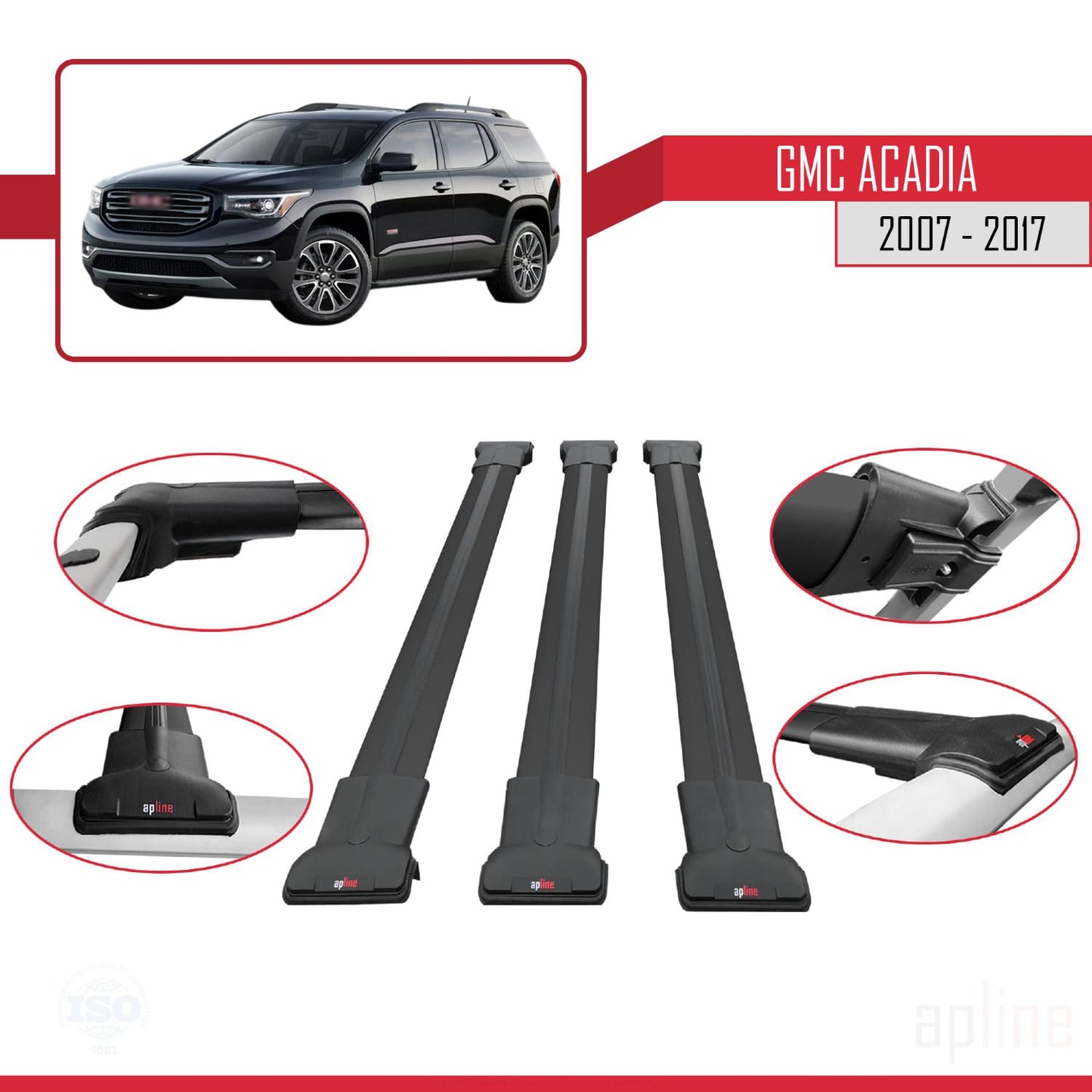 Compatible with GMC Acadia 2007-2017 FLY Model Car Roof Rack Cross Bar Black Aluminium 3 Bars