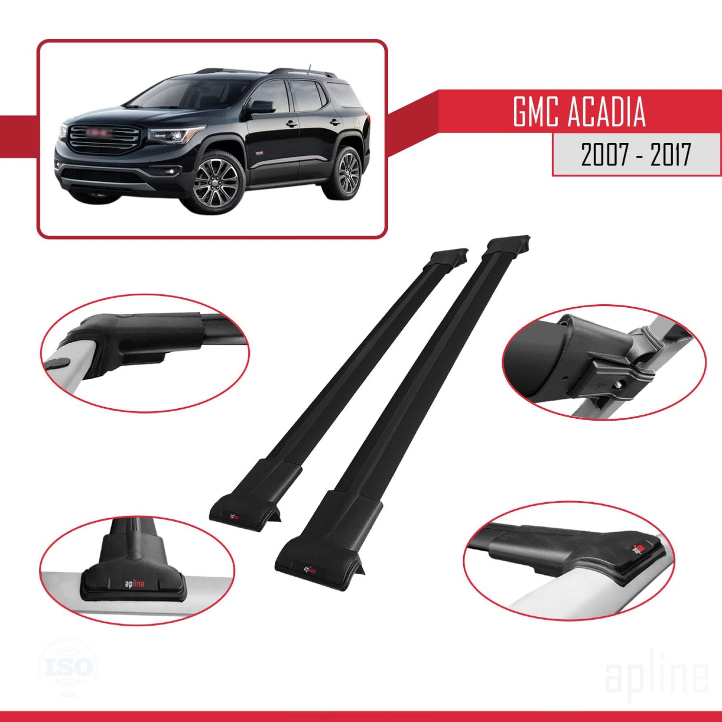 Compatible with GMC Acadia 2007-2017 FLY Model Car Roof Rack Cross Bar Black Aluminium 2 Bars