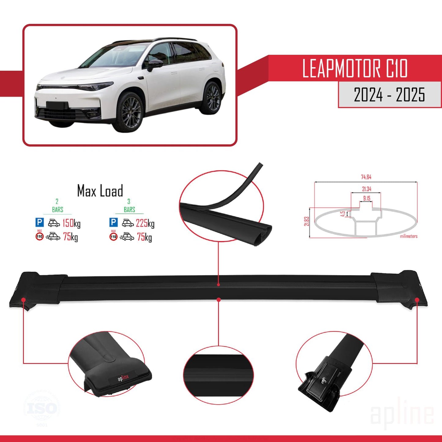 Compatible with LEAPMOTOR C10 2024-2025 FLY Model Car Roof Rack Cross Bar Black Aluminium 2 Bars