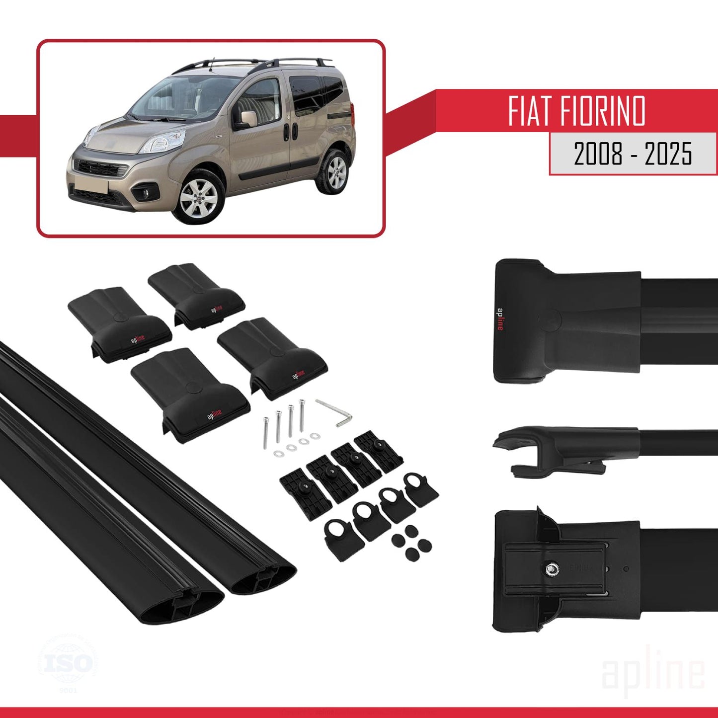 Compatible avec Fiat Fiorino (Modèle Tubulaire) FLY Model Barres de Toit Railing Porte-Bagages de Voiture Noir Aluminium 2 Barres