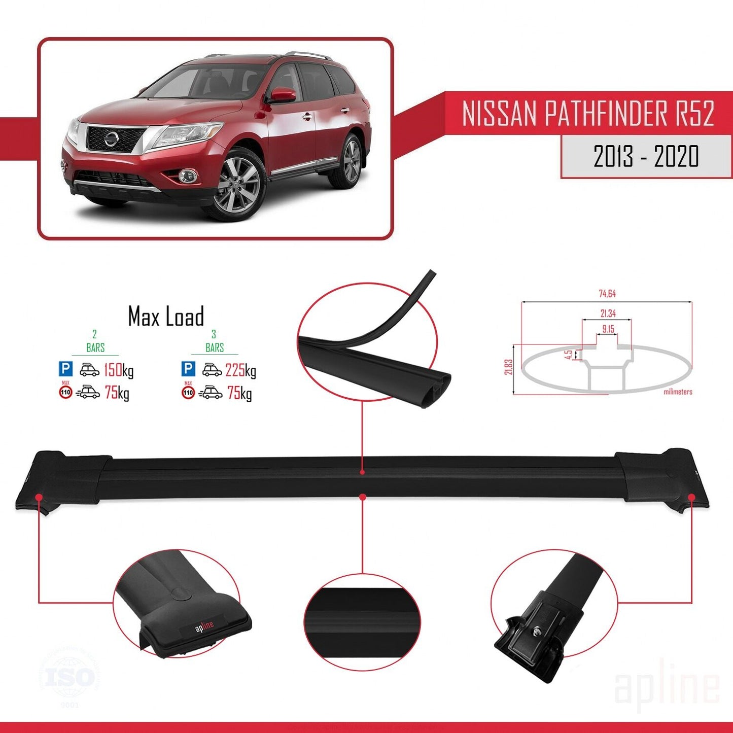 Compatible with Nissan Pathfinder 4 (R52) 2013-2020 FLY Model Car Roof Rack Cross Bar Black Aluminium 2 Bars