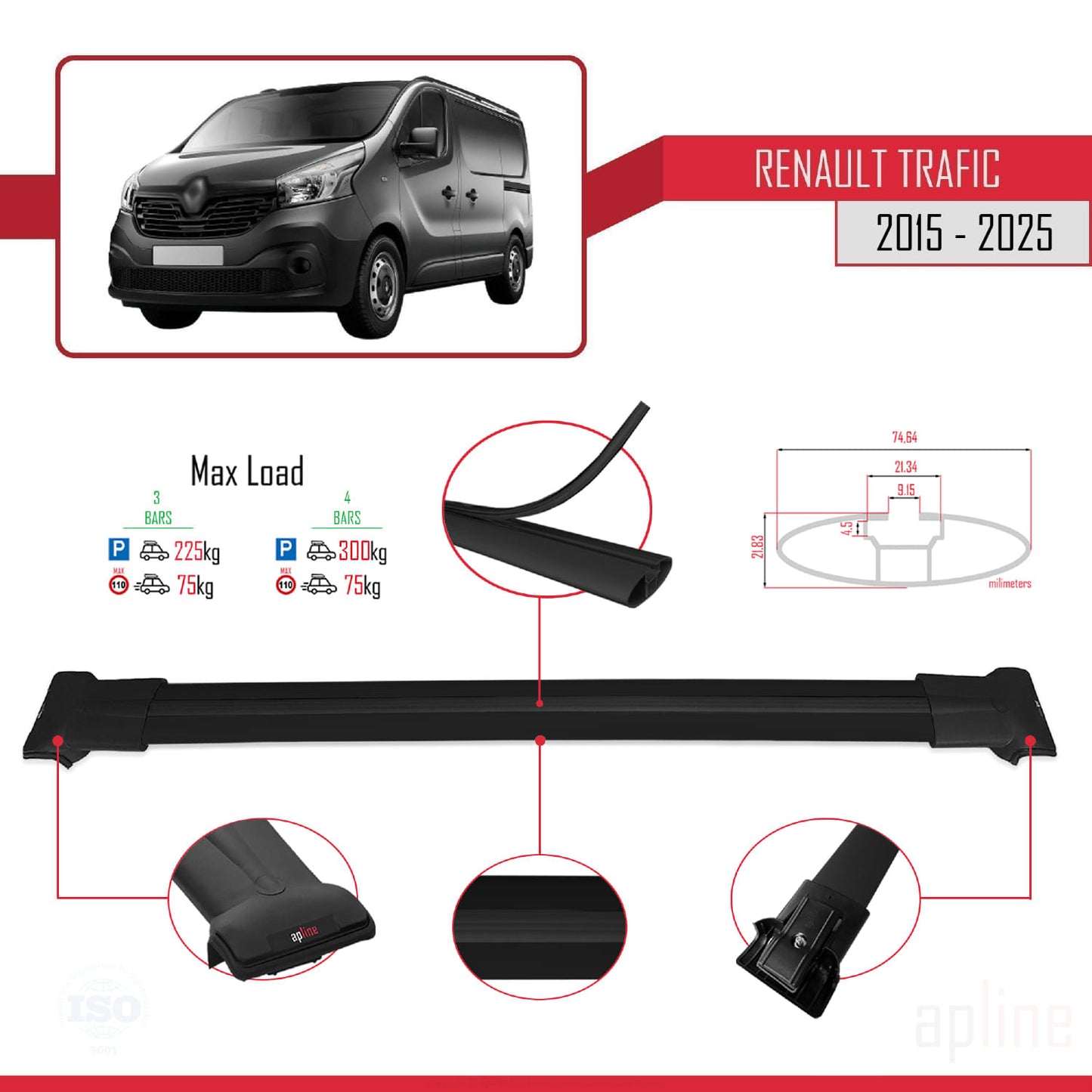 Compatible avec Renault Trafic 3 (X82) 2015-2025 FLY Model Barres de Toit Railing Porte-Bagages de Voiture Noir Aluminium 4 Barres