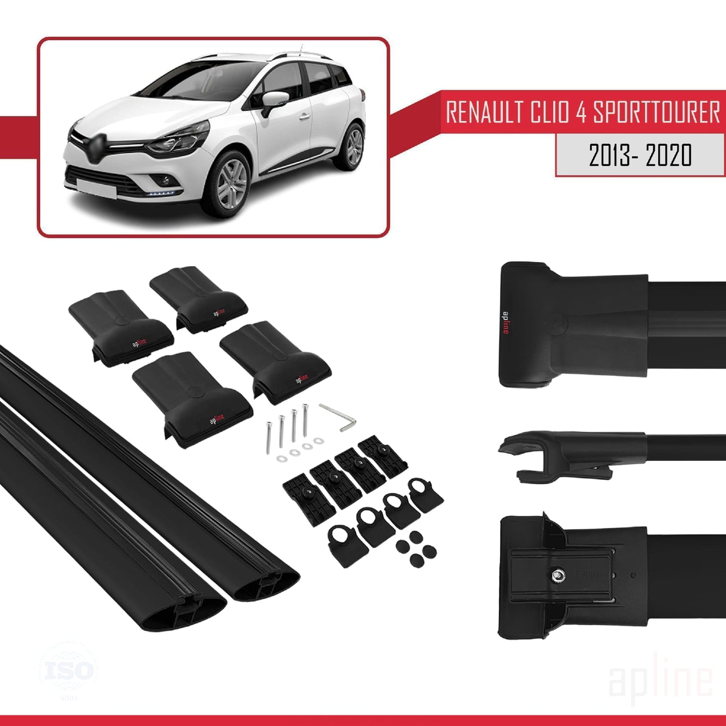 FLY Model Dakdrager bagagedrager compatibel met Renault Clio 4 ST 2013-2020 Spoorstaven Zwart Aluminium 2 Staven
