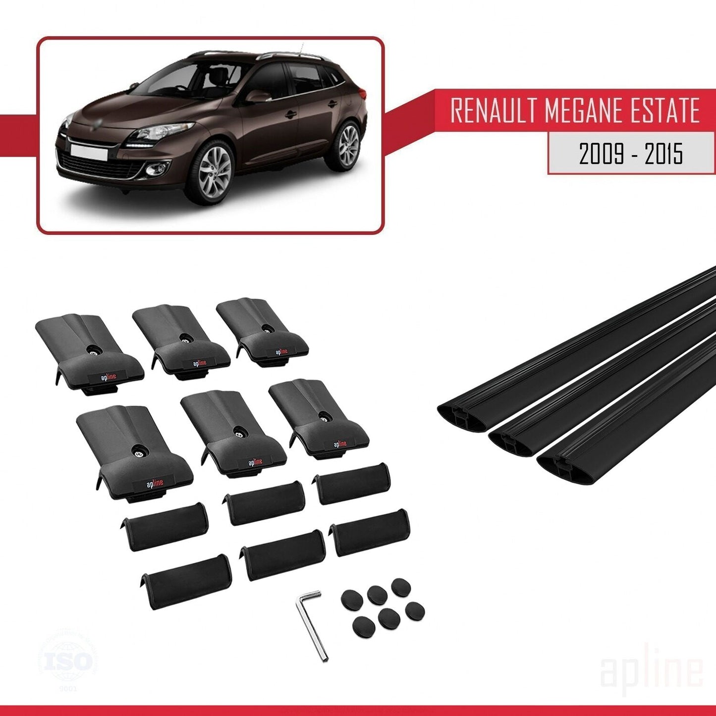Compatible avec Renault Megane 3 ST 2009-2015 FLY Model Barres de Toit Railing Porte-Bagages de Voiture Noir Aluminium 3 Barres